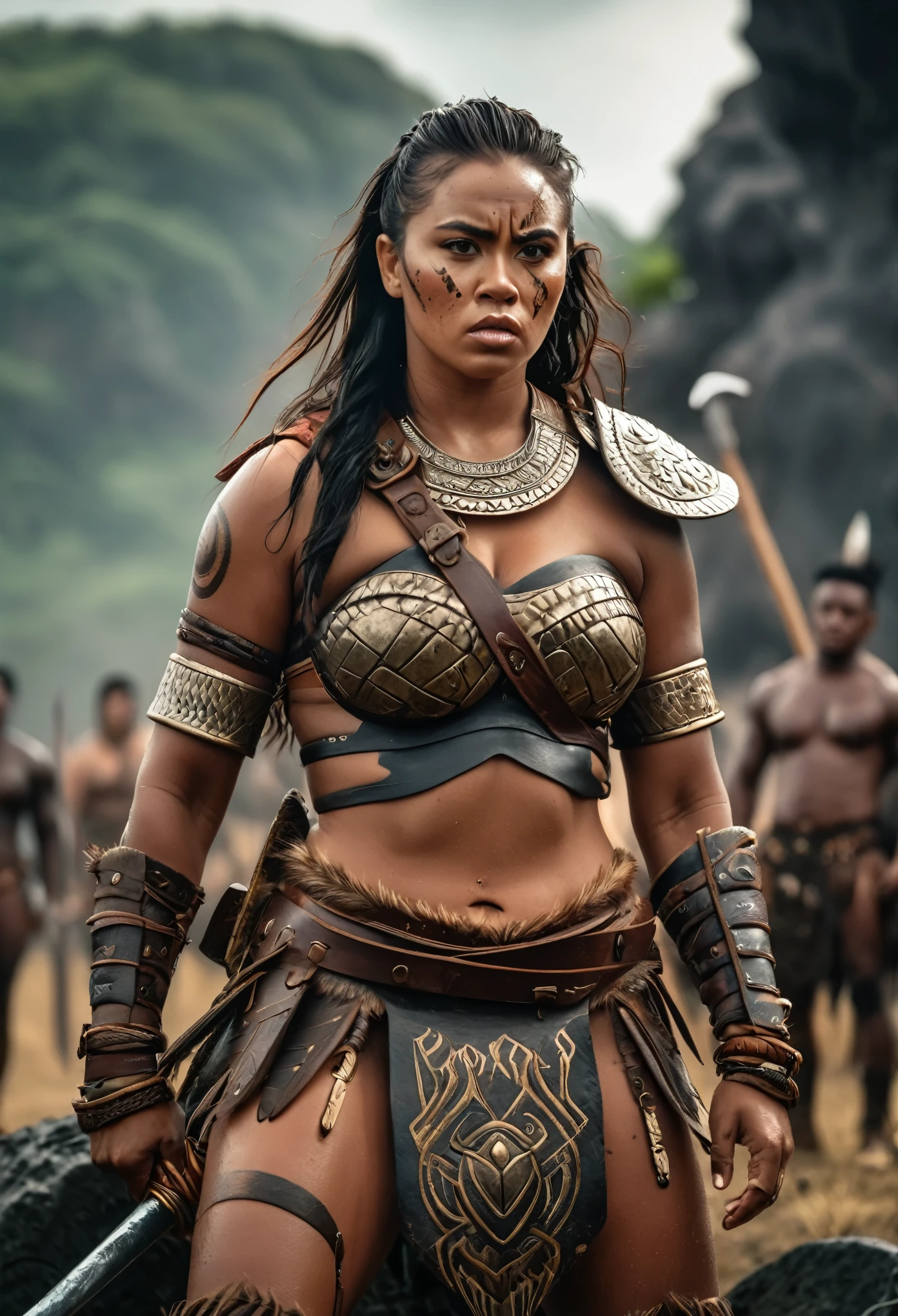 Foto RAW, Thick figure, Heavy physique, ((best quality)), ((masterpiece)), (detailed), perfect face, Envision a savage female barbarian warrior, her battle cries echoing through the battlefield as she unleashes her fury upon her foes. Her armor should be adorned with tribal markings and symbols, representing her connection to her ancestral heritage, (pele altamente detalhada: 1.2), 8k UHD, DSLR, soft-lighting, alta qualidade, grain of film, Fujifilm XT3