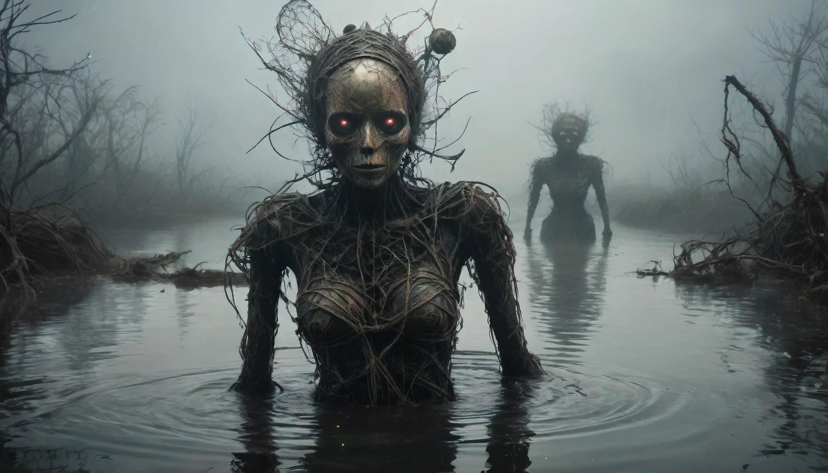 young graphite witch's mummy made of dead plants crawling out the water in a foggy marsh, radioactive atmosphere,charcoal abandoned mechanical clockwork Spaceship, steampunk dark horror fantasy, ominous landscapes,large number of stars fly towards the viewer,radioactive world,ruined theme,lots of toxic dust,amazon,full body length,once pretty face,full body length, eerie atmosphere, ethereal presence, toxic mists, supernatural entities, sinister aura, dark and twisted branches, macabre elements, eerie and ominous lighting,Complicated detail,captivating creation,intricate details,extremely detailed,masterpiece,intricate details,eyes extremely detailed, high detailed eyes,32k resolution, Nikon Z9,After tsunamis,like Stone Forest in Yunnan Province of China,Simon Stalenhag,Nicola Samori,Wangechi Mutu, horror movie, cinematic look, creepy aesthetic, ultra detailed, photorealistic, masterpiece.