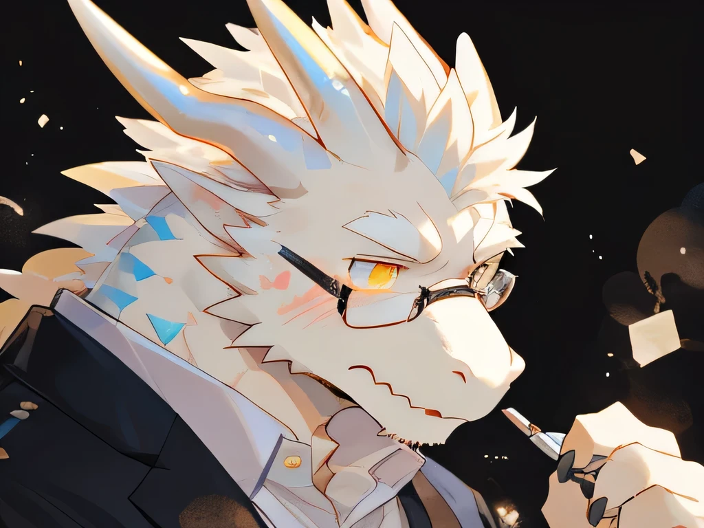 masterpiece,high quality,perfect anatomy,furry,anthro dragon,white scales,black corners,male, niji5,yellow pupils,bright eyes,exhausted,wear glasses,detailed face,by kiyosan,close up face