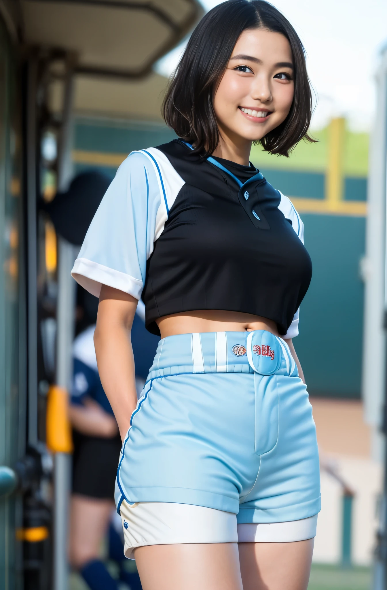 （8k、Raw photography、highest quality、masterpiece：1.2),(Black-haired、Very short hair:1.8),(ponytail:1.3)、View your viewers,Viewed from the front,White skin,(high school girl、Light blue baseball uniforms:1.7)、(Tight waist:1.6)、(Clothes that accentuate the shape of the breasts:1.0)、(Big Breasts :1.3)、Slim figure、Ultra-high resolution,beautiful,beautiful fece,(one person、No background:1.9),whole bodyボディー,Japanese women,（reality的：1.37）、Photon Mapping,reality、(Baby-faced and cute: 1.4)、(Cute Smile: 1.8)、(Round face: 1.8)、Radio City、Physically Based Rendering、Depth of field rally background、photograph, (I can see your knees、Very short white shorts、Thigh close-up:1.8),（:1.4）,whole body、Great quality