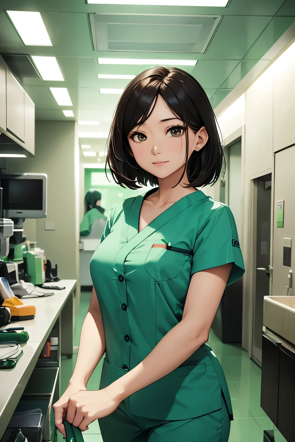 modern hospital Asian woman, short sleeve green surgeon scrubs, green scrub pants, bright lights, looking at viewer