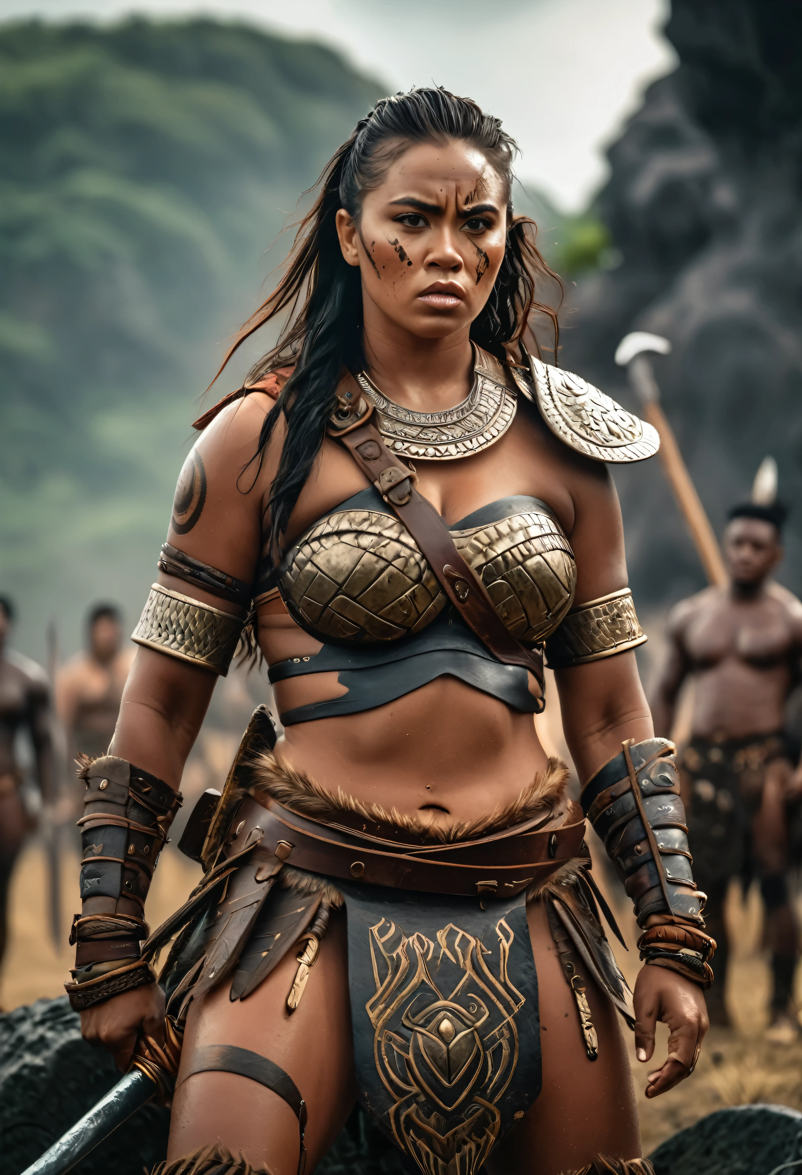 Foto RAW, Thick figure, Heavy physique, ((best quality)), ((masterpiece)), (detailed), perfect face, Envision a savage female barbarian warrior, her battle cries echoing through the battlefield as she unleashes her fury upon her foes. Her armor should be adorned with tribal markings and symbols, representing her connection to her ancestral heritage, (pele altamente detalhada: 1.2), 8k UHD, DSLR, soft-lighting, alta qualidade, grain of film, Fujifilm XT3