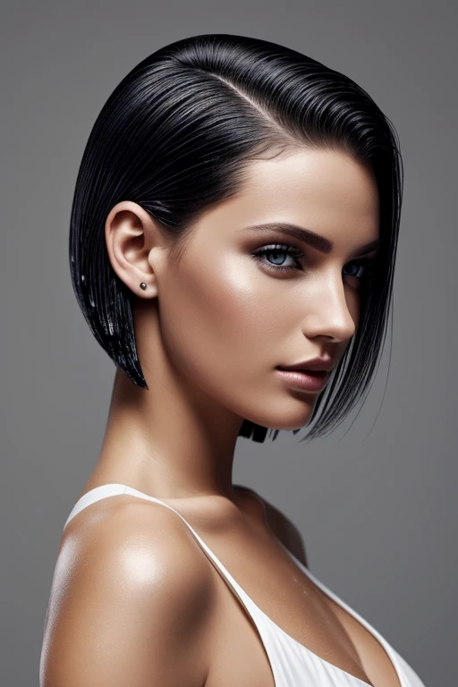 Gorgeous european woman with very short straight hair, short hair, wet hair, hair slicked back, combed straight back, slick hair, black gradient hair, wearing a white dress, solid dark grey background