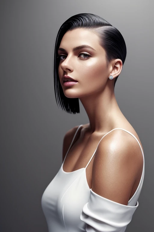 Gorgeous european woman with very short straight hair, short hair, wet hair, hair slicked back, combed straight back, slick hair, black gradient hair, wearing a white dress, solid dark grey background