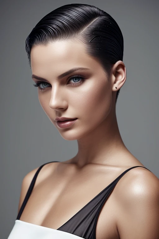 Gorgeous european woman with very short straight hair, short hair, wet hair, hair slicked back, combed straight back, slick hair, black hair, wearing a white dress, solid dark grey background