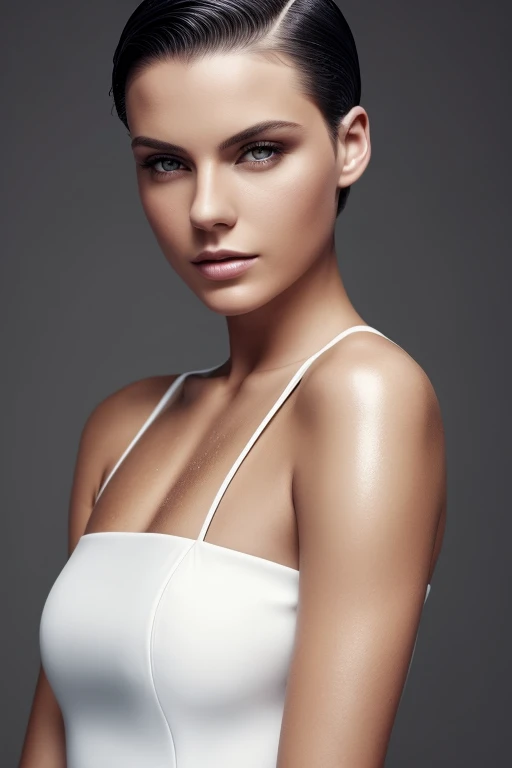 Gorgeous european woman with very short straight hair, short hair, wet hair, hair slicked back, combed straight back, slick hair, black hair, wearing a white dress, solid dark grey background