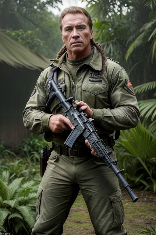 (masterpiece, high quality, realistic, Ultra realistic, Extremely high quality, photorealistic:1.5), Arnold Schwarzenegger as Dutch, Commando uniform, combat fatigues, combat knife, M16A3 in his hand aiming down range, Movie poster in the style of 1987 the predator, sharp focused at , detailed, realistic, high definition, large muscles, Dutch as standing in the jungle
