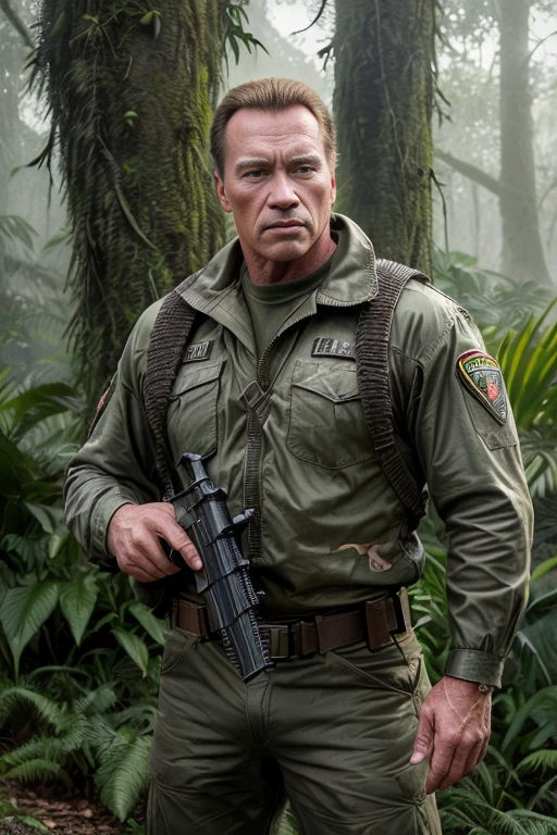 (masterpiece, high quality, realistic, Ultra realistic, Extremely high quality, photorealistic:1.5), Arnold Schwarzenegger as Dutch, Commando uniform, combat fatigues, combat knife, M16A3 in his hand aiming down range, Movie poster in the style of 1987 the predator, sharp focused at , detailed, realistic, high definition, large muscles, Dutch as standing in the jungle