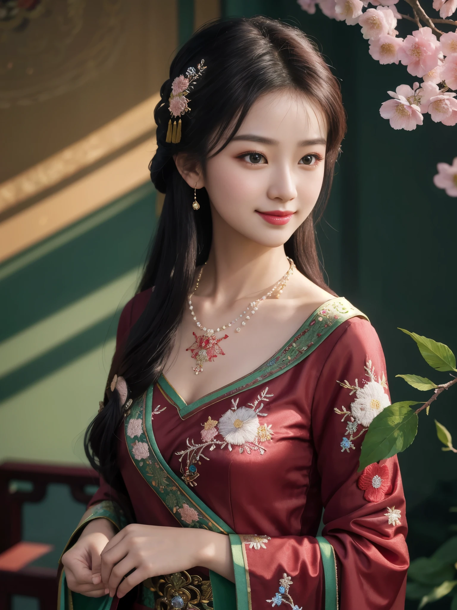 Superb Style, Masterpiece, High Resolution, 1Girl, Blush, Smile, Star Eyes, Red Gorgeous Chinese Dress, (Exquisite Embroidery: 1.2), Hair Accessories, Necklaces, Jewelry, Beauty, on_body, Tyndall Effect, Realistic, Shadow Room, Light Edge, Two-tone Lighting, Sexy, Premium Color Matching, (High Detail Skin: 1.2), 8K UHD, SLR, Soft Light, High Quality, Volume Lighting, Candid Photo, High Resolution, 4K, 8K, Background Blur, Green, Flower Branches