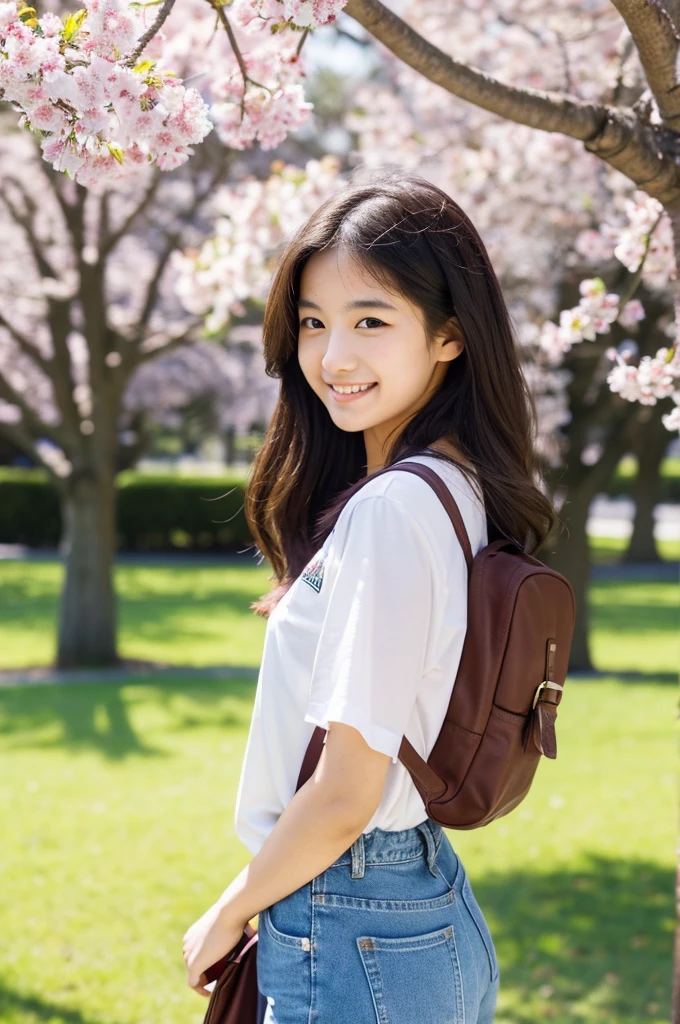 masutepiece, Best Quality, Illustration, Ultra-detailed, finely detail, hight resolution, 8K Wallpaper, Perfect dynamic composition, Beautiful detailed eyes, Natural Lip,a beauty girl、In the bright and refreshing spring sunshine、Imagine a female college student walking around campus.。.。.。She、She is wearing jeans .。the hair flutters with the wind、People around you smile々He is depicted having a conversation with.。The cherry blossoms on campus are in full bloom、Green tree on background々々々There is a bench where students can gather...。She is carrying a colorful backpack.、he has a notebook and a pencil in his hands.。Her figure is、Expressing the image of a typical female college student enjoying learning and free time., Wearing a thin white shirt with short sleeves、one shirt button is missing and there is a mole near chest and I can see it.。