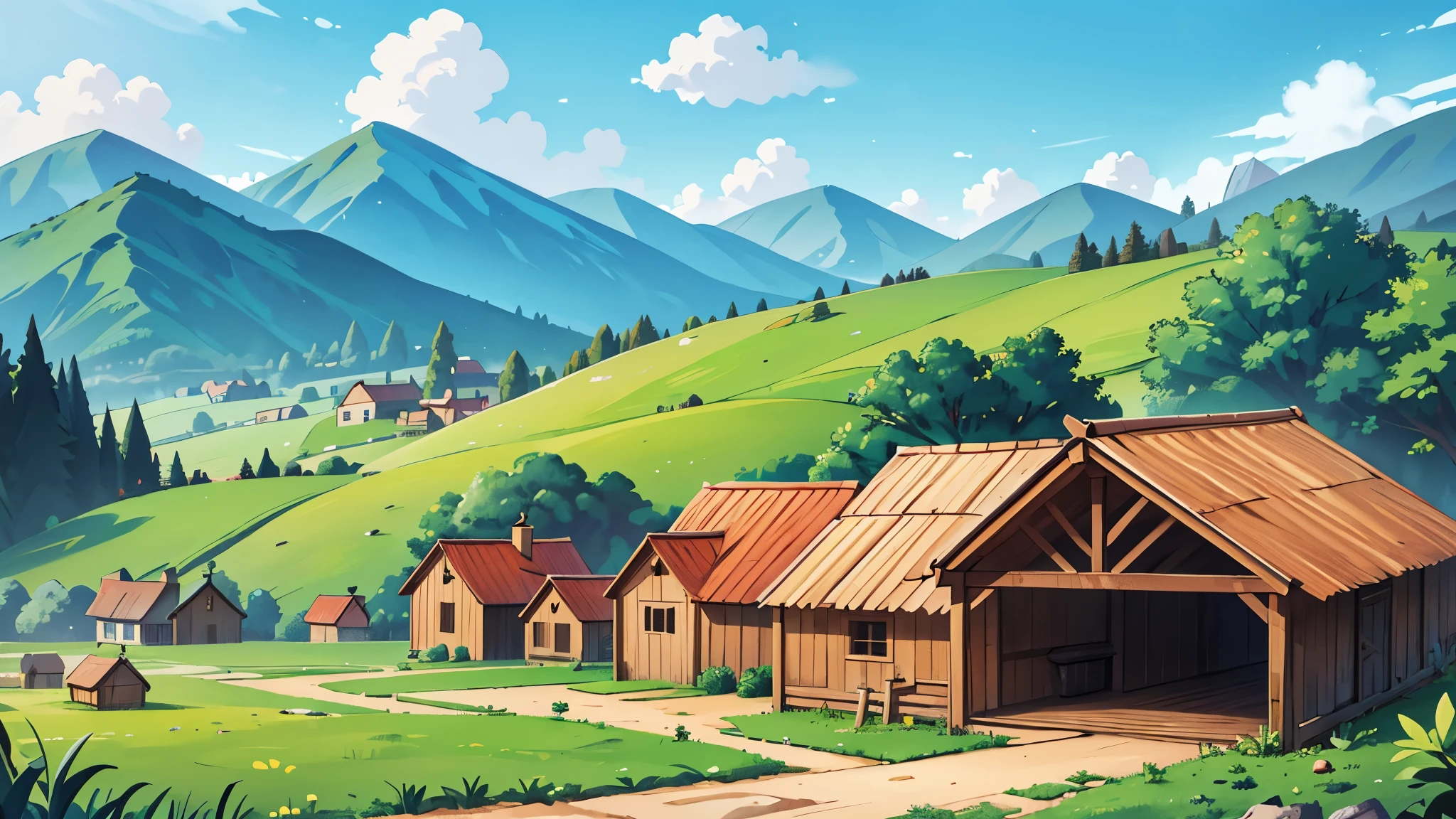 4k ultra hd primitive large city wooden and stone buildings surrounded by farmlands in the distance, wooden barns and stables, fields