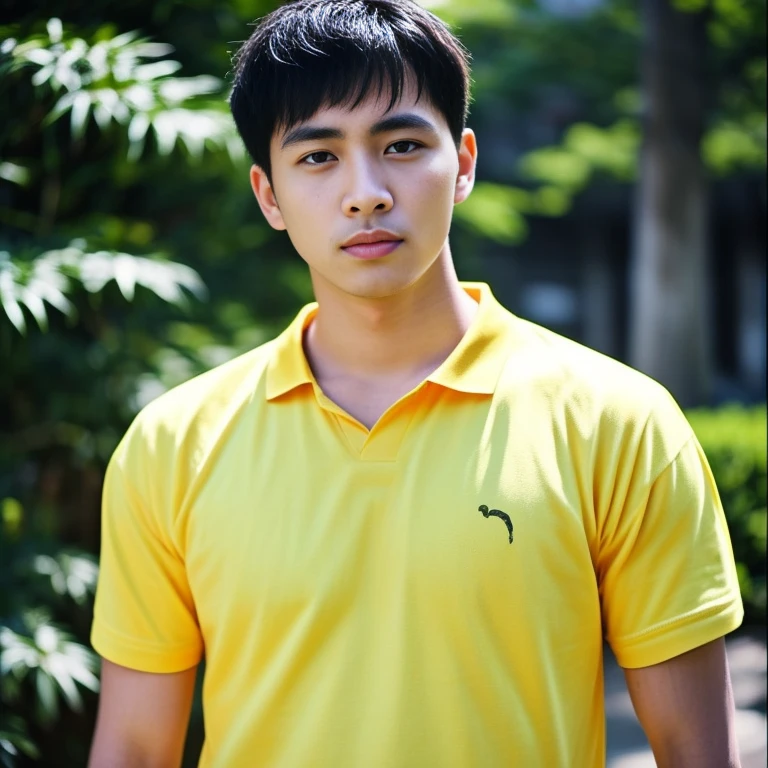 ชายอาราฟStanding on city streetsตอนกลางคืน, high quality vertical, Portrait in the middle of a shot, Asian man, Anime style mixed with Fujifilm, Standing on city streets, Handsome Japanese demon boy, Street Photos, city behind, Japanese Streetwear, He wore a yellow T-shirt., Profile picture, vertical picture, with a city behind