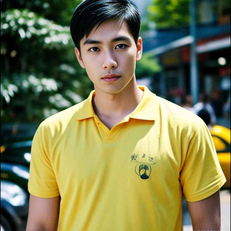 ชายอาราฟStanding on city streetsตอนกลางคืน, high quality vertical, Portrait in the middle of a shot, Asian man, Anime style mixed with Fujifilm, Standing on city streets, Handsome Japanese demon boy, Street Photos, city behind, Japanese Streetwear, He wore a yellow T-shirt., Profile picture, vertical picture, with a city behind