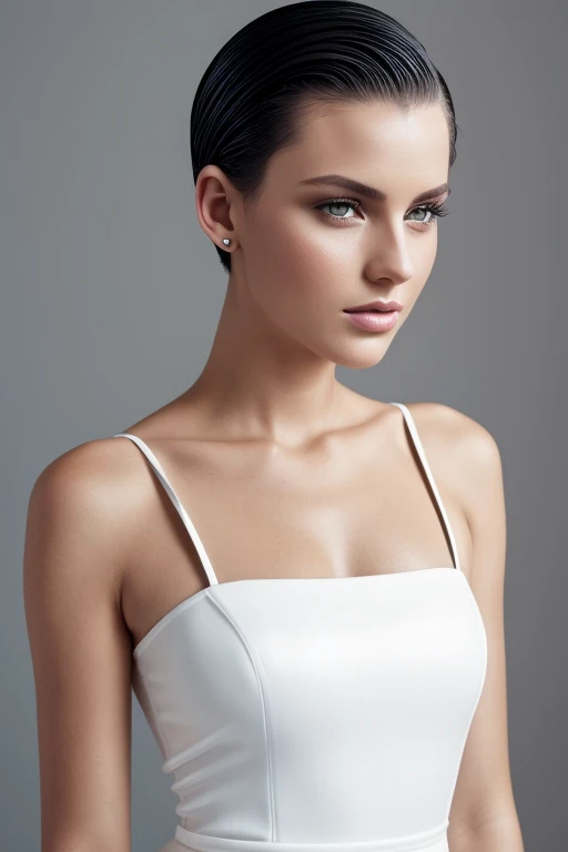 Gorgeous european woman with short straight hair, short hair, wet hair, hair slicked back, combed straight back, slick hair, black gradient hair, wearing a white dress, solid dark grey background