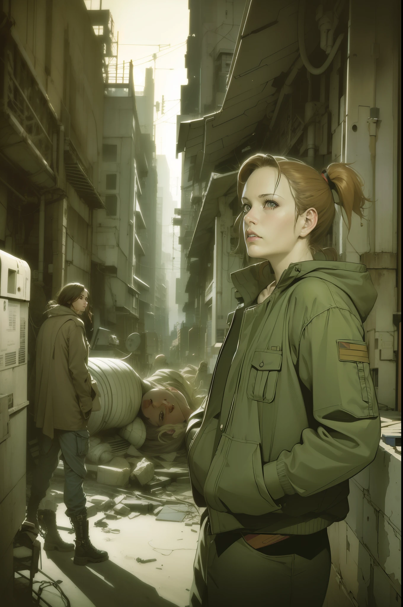 dynamicposes、(comic book style),(linear art_Anime),(masutepiece_Best Quality),(Cowboy Shot),Beautiful fece, (​masterpiece:1.2), (top-quality:1.2), perfect  eyes, face perfect, Perfect litthing, girl with、(jaket_Cargo pants),Background of Cyberpunk City、the complex background、