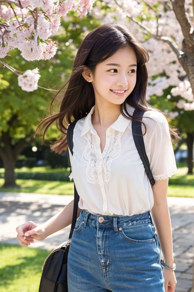 masutepiece, Best Quality, Illustration, Ultra-detailed, finely detail, hight resolution, 8K Wallpaper, Perfect dynamic composition, Beautiful detailed eyes, Natural Lip,a beauty girl、In the bright and refreshing spring sunshine、Imagine a female college student walking around campus.。.。.。She、She is wearing jeans and a white lace blouse.。the hair flutters with the wind、People around you smile々He is depicted having a conversation with.。The cherry blossoms on campus are in full bloom、Green tree on background々々々There is a bench where students can gather...。She is carrying a colorful backpack.、he has a notebook and a pencil in his hands.。Her figure is、Expressing the image of a typical female college student enjoying learning and free time., Wearing a thin white shirt with short sleeves、one shirt button is missing and there is a mole near chest and I can see it.。