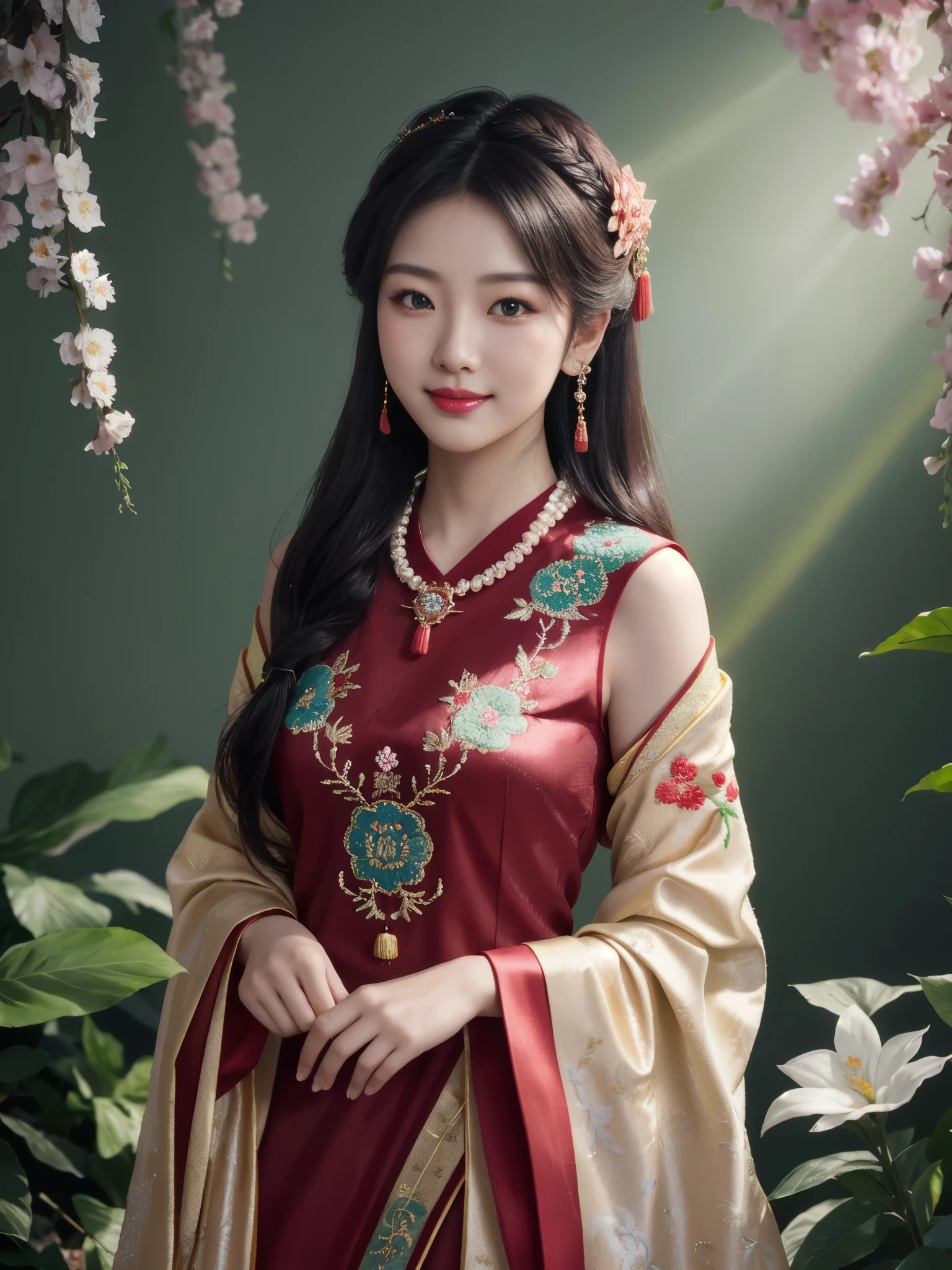 Superb Style, Masterpiece, High Resolution, 1Girl, Blush, Smile, Star Eyes, Red Gorgeous Chinese Dress, (Exquisite Embroidery: 1.2), Hair Accessories, Necklaces, Jewelry, Beauty, on_body, Tyndall Effect, Realistic, Shadow Room, Light Edge, Two-tone Lighting, Sexy, Premium Color Matching, (High Detail Skin: 1.2), 8K UHD, SLR, Soft Light, High Quality, Volume Lighting, Candid Photo, High Resolution, 4K, 8K, Background Blur, Green, Flower Branches