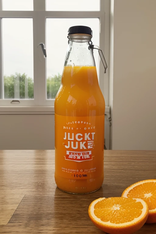 "Create an image of a sleek, transparent glass bottle filled with vibrant orange juice. The bottle should have a slightly tapered cylindrical shape with a flat bottom and a twist-off orange metal cap. The front label displays the brand name 'Sunshine Juices' at the top in bold, modern typography, followed by 'Natural Orange Juice' in a smaller font. Include a high-resolution image of fresh oranges and a splash of juice. Add a short description: '100% Pure & Freshly Squeezed.' The back label features ingredients (100% pure orange juice, no added sugar, no preservatives), a nutrition facts table, a barcode, and manufacturer details. Use a color scheme of orange, green, and white, with realistic images of oranges and juice splashes. Ensure the bottle and labels have a glossy finish for a premium look."