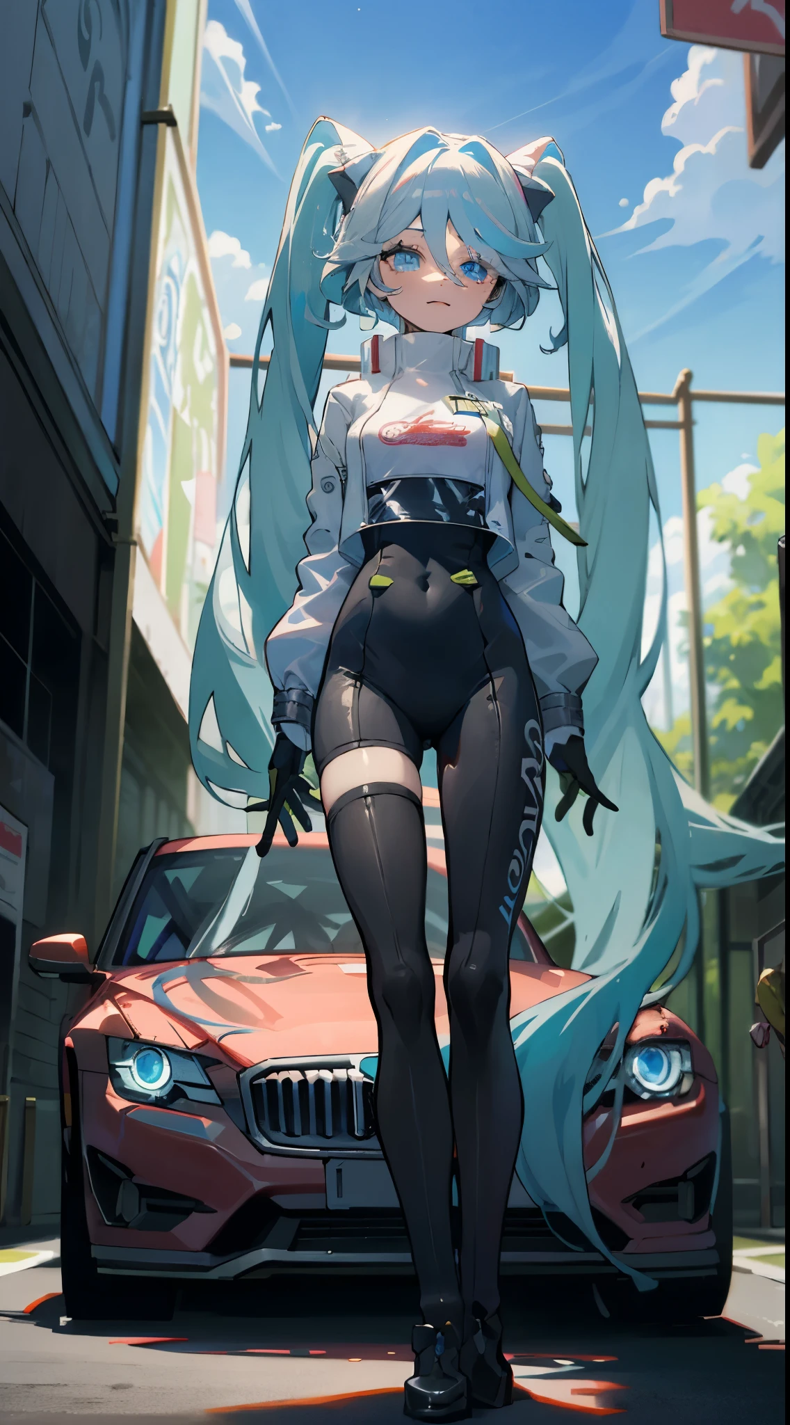 (Masterpiece, Best Quality), Backlight, Lens Flare, Wide Shot, Fisheye , (Face Focus, Depth of Field, Closeup: 1.5), Super Detail, Illustration, Colorful, (Fault Color: 1.3), (Imidshot: 1.3), Video, Wide Angle, Top Body, (((1girl))), (standing, stand in front of a car:2), (1car), NSX, Miku Hatsune, immaculate, dark green hair, twin tails, very long hair, arms behind back, blue eyes, glowing eyes, relaxed face, hair between eyebrows, glowing hair, glowing skin, light smile, racing miku, black bodysuit, cropped jacket, white jacket, long sleeves, two-tone gloves, thigh boots, bright, beautiful details sky, city, street,
