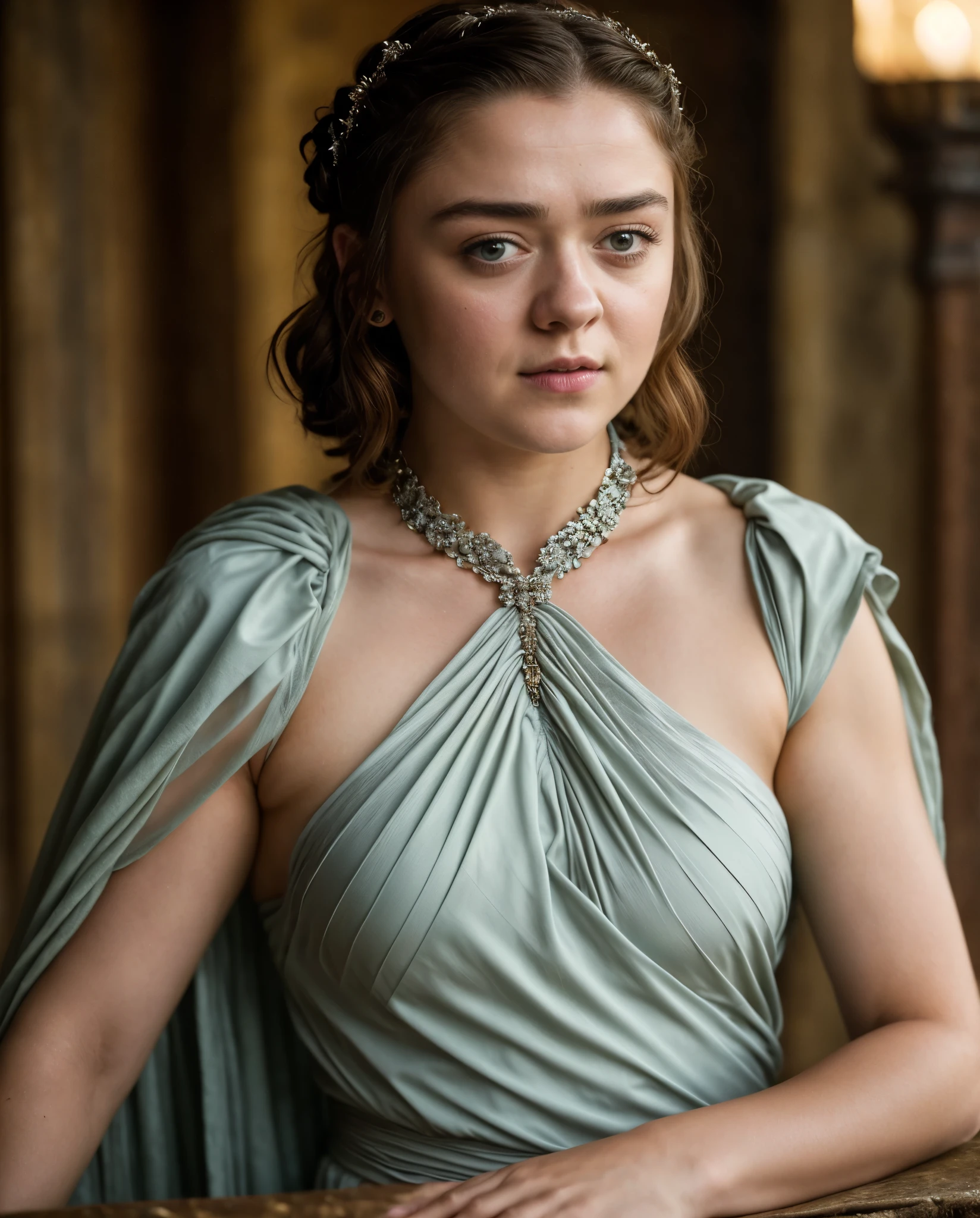 Foto RAW, Arya Stark, Extremely gorgeous lady, Arya Stark PLAYED BY MAISIE WILLIAMS, Queen Arya Stark, she a mature woman now, milf, sexy mediaeval battle dress, gladiator woman, body, 40 years old Woman, body revealing costumes, perky breast, big natural breast, erotic costumes, lusty physique, seductive figure can capture every people's attention, Game of thrones costumes, revealing captivating figure, Mediaeval costumes, revealing clothes, A tomboy, she would rather fence than dance, warrior queen , game of thrones screen caps, Game of Thrones Series, (pele altamente detalhada: 1.2), 8k UHD, DSLR, soft-lighting, alta qualidade, grain of film, Fujifilm XT3, flawless picture, highly detailed, detailed Beauty, intricate, 32k, sharp picture,