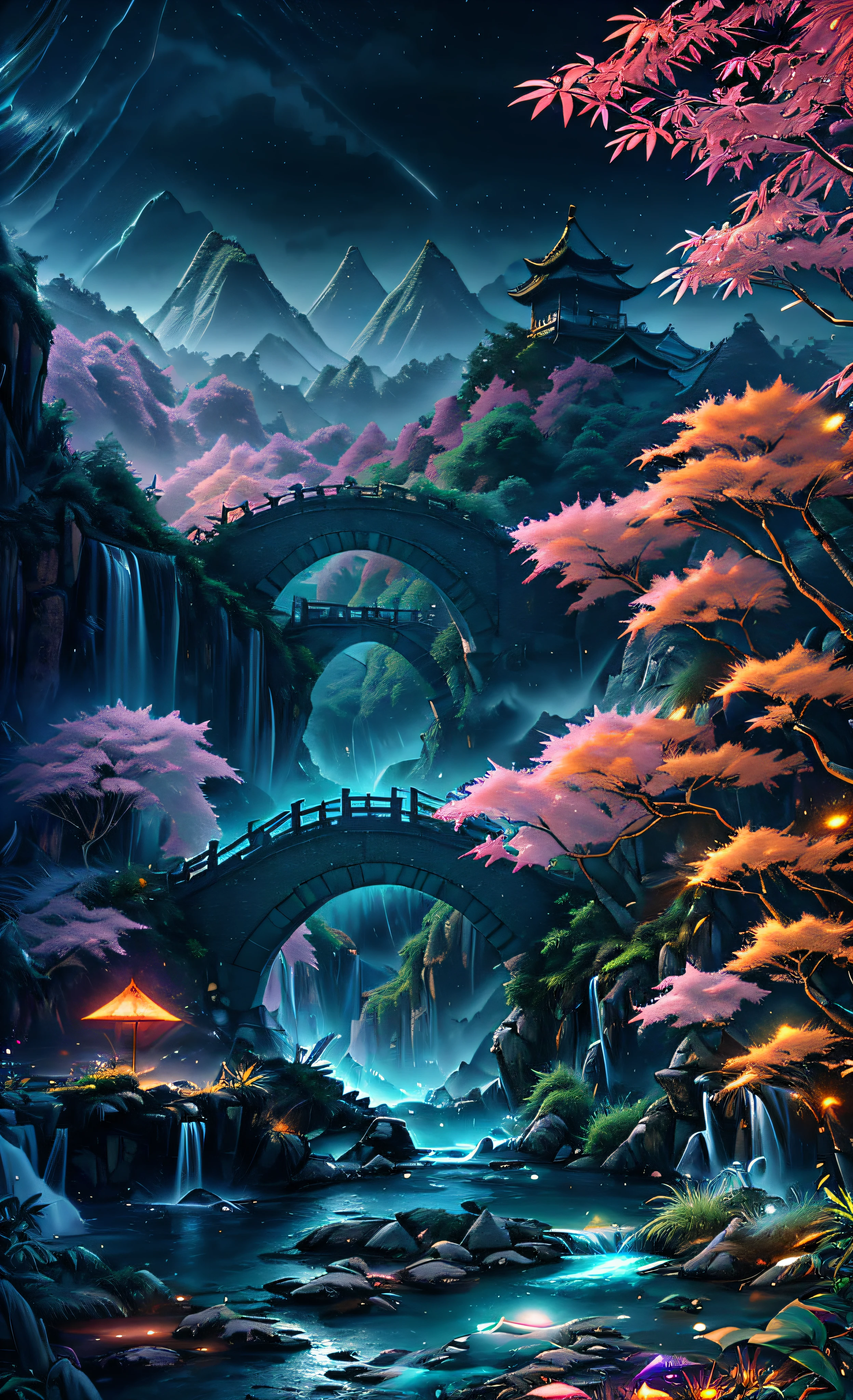 ((Diffuse colors)) Ancient Chinese bowitecture, Cool colors, Dark night, Qamar, garden, Bamboo, lake, Stone bridge, rockery, bow, corner, tree, Running water, The scenery is beautiful, outside, waterfall, herb, rock, Heavy rain, Thunderstorm, Vines everywhere, giant and wet trees, with glowing leaves in the trees, Glowing fireflies and glowing particle effects, Masterpiece, Best quality, High quality, Very detailed CG unity 8k wallpaper, Oil paint, award-winning photography, sad, Depth of field, Human development report, Thrives, ,reality,Very detailed, Trending on artstation, Trending on CGSocity, complicated, High detail, dramatic, Art from mid-flight, Volumetric lighting