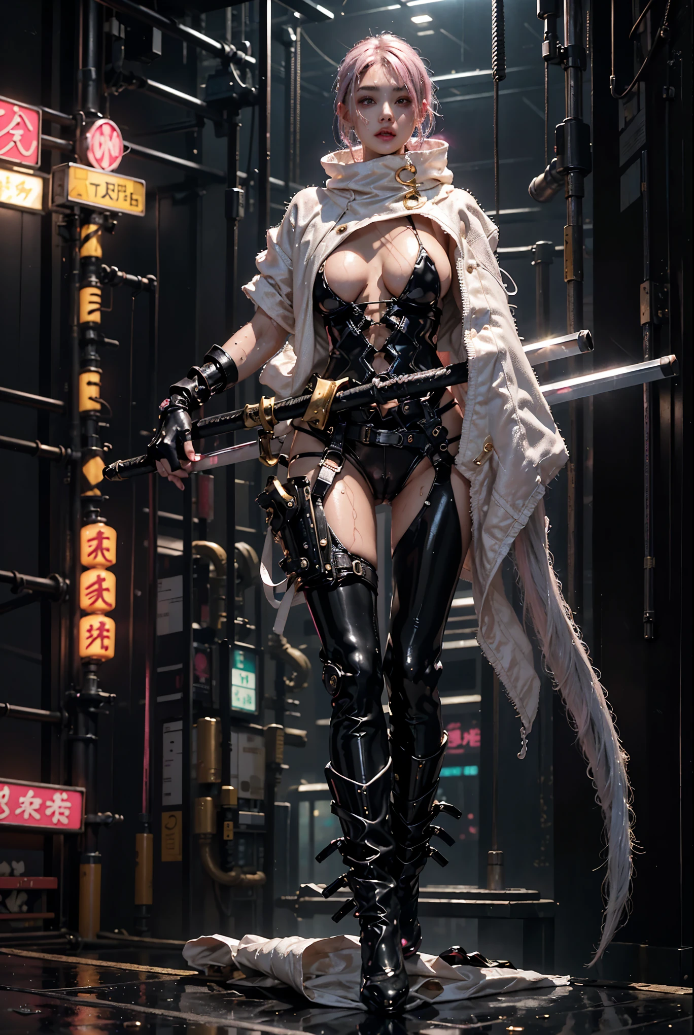 highest quality、surreal、perfect anatomy、Wet and shiny white skin、model body shape、Sweat dripping all over the body、Super small face、Ahegao、Cyberpunk City、Black urban techwear、Pink, silver and gold hair、Black micro bikini、Neon lights、tattoo、Japanese sword、Ultra Low Rise、Cleavage、