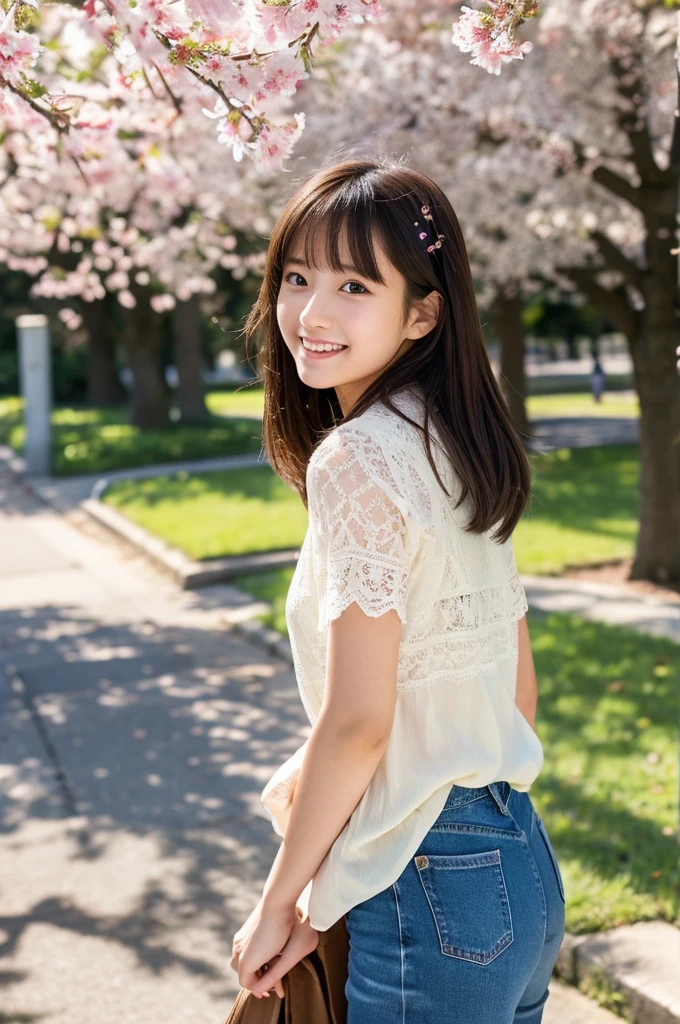 masutepiece, Best Quality, Illustration, Ultra-detailed, finely detail, hight resolution, 8K Wallpaper, Perfect dynamic composition, Beautiful detailed eyes, Natural Lip,a beauty girl、In the bright and refreshing spring sunshine、Imagine a female college student walking around campus.。.。、She is wearing jeans and a white lace blouse. one shirt button is missing and there is a mole near chest and I can see it.。。the hair flutters with the wind、People around you smile々He is depicted having a conversation with.。The cherry blossoms on campus are in full bloom、Green tree on background々々々There is a bench where students can gather...。She is carrying a colorful backpack.、he has a notebook and a pencil in his hands.。Her figure is、Expressing the image of a typical female college student enjoying learning and free time.、