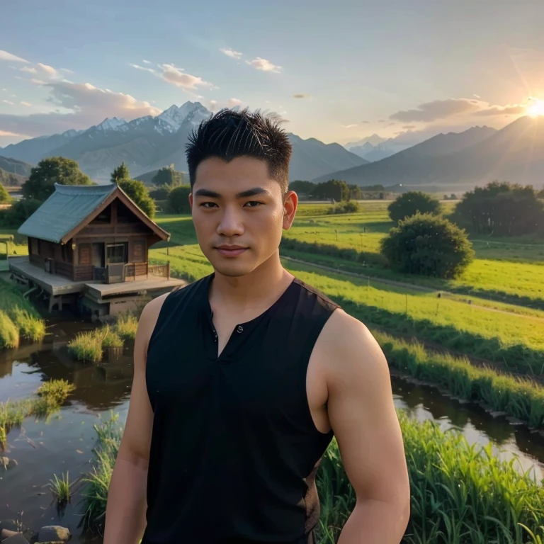 An Araf man stands in front of a river in a field., Handsome Chad Chin, mountains in the background, Thawan Duchanee, mountains in the background, Asian man, Damian Tran, mountains in the background, with mountains in the background, Hot with bright sunlight, Xindong Chen, Inspiration from Daijin, There are mountains in the background., mountains in the background