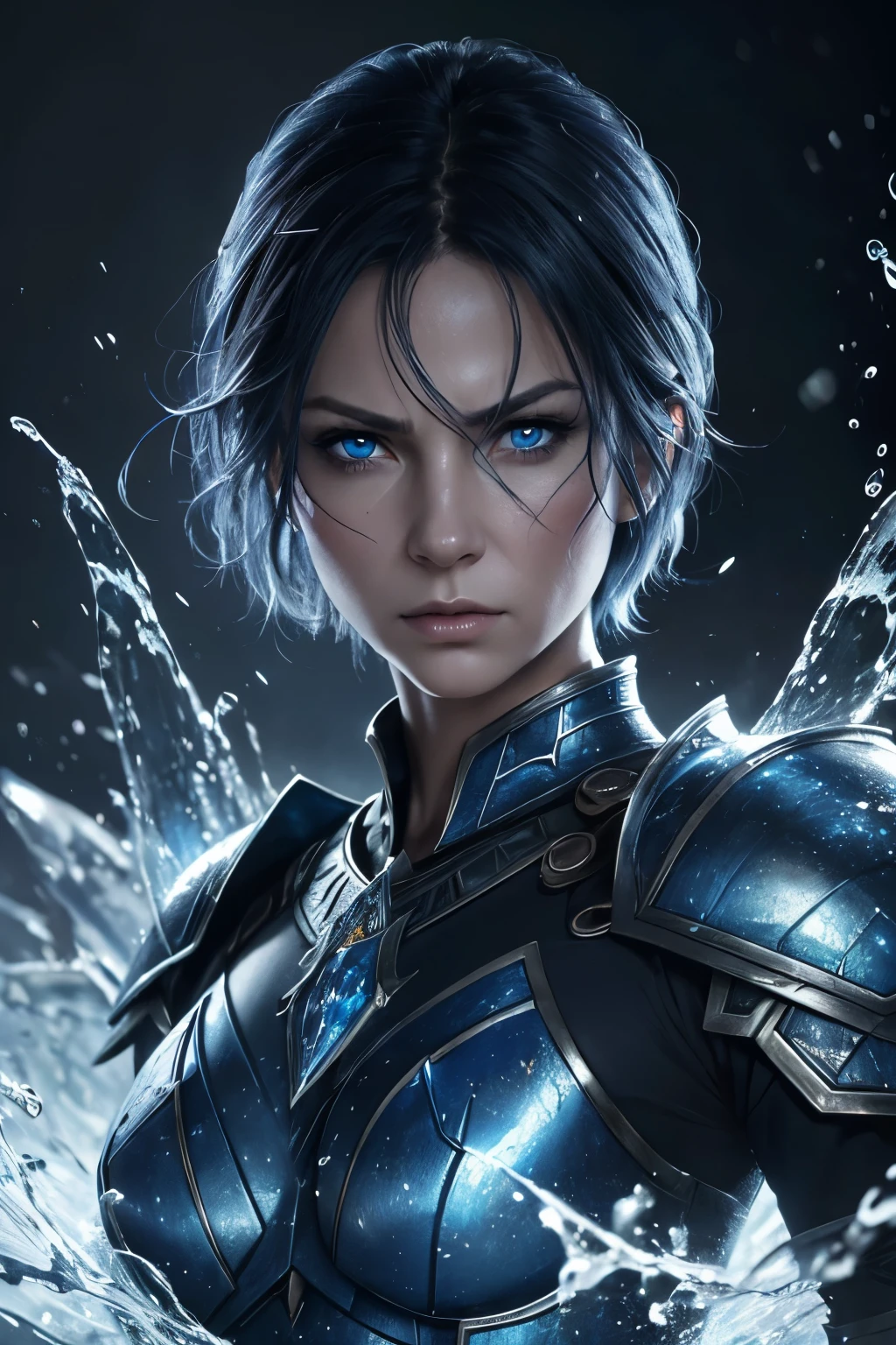 ((High quality)), face detailed, realistic character,  ((fantasy character)), place with water, mature beautiful woman, magic ice particles, deep blue short hair,  angry expression, blue eyes, imposing pose, warrior, battle armor, scar on eye.