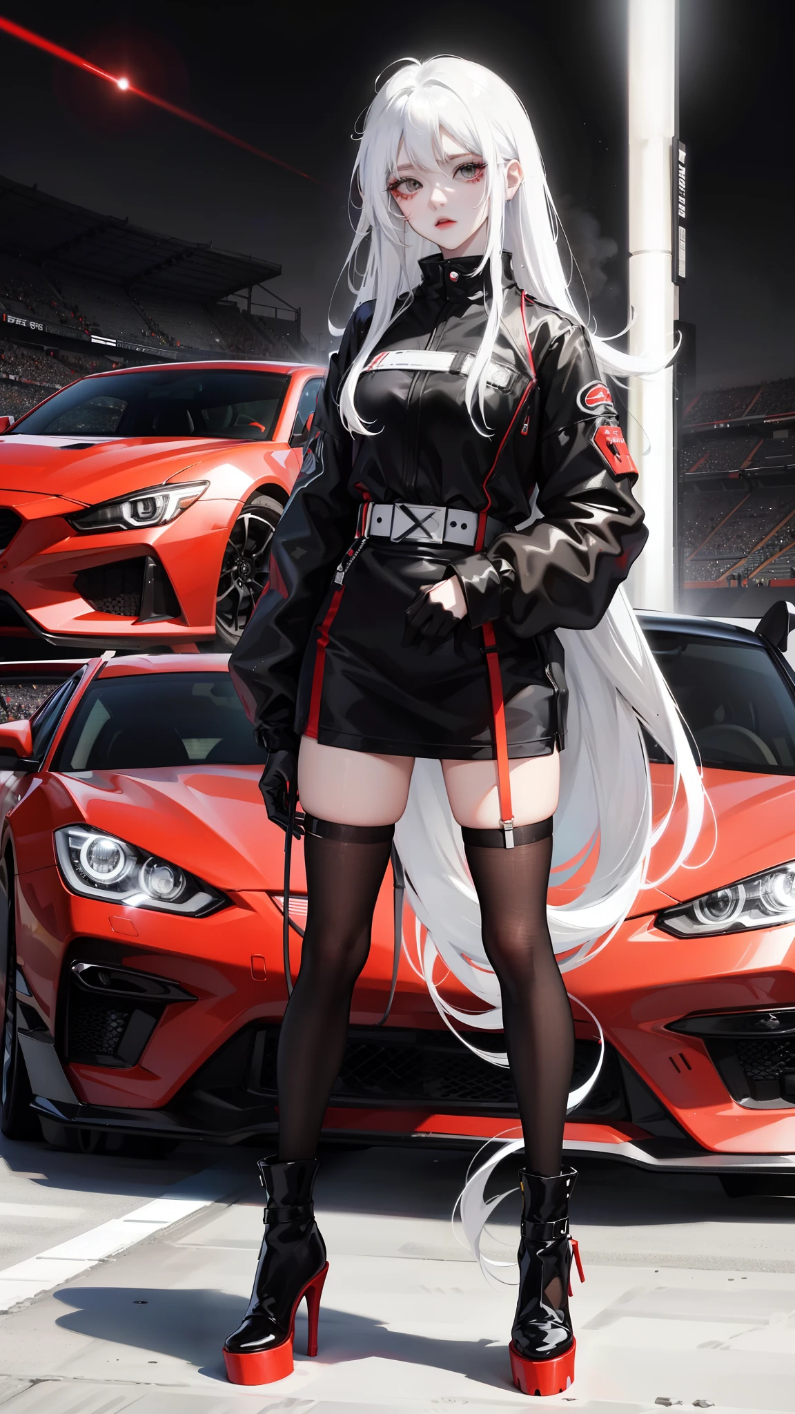 full body Esbian, Anime Girl, White hair, Black eyes, Black and white and red techwear clothes, brack、White the、Red Accessories、Racing cars of the near future、Neon and laser beam stadium、Red Long High Heels
