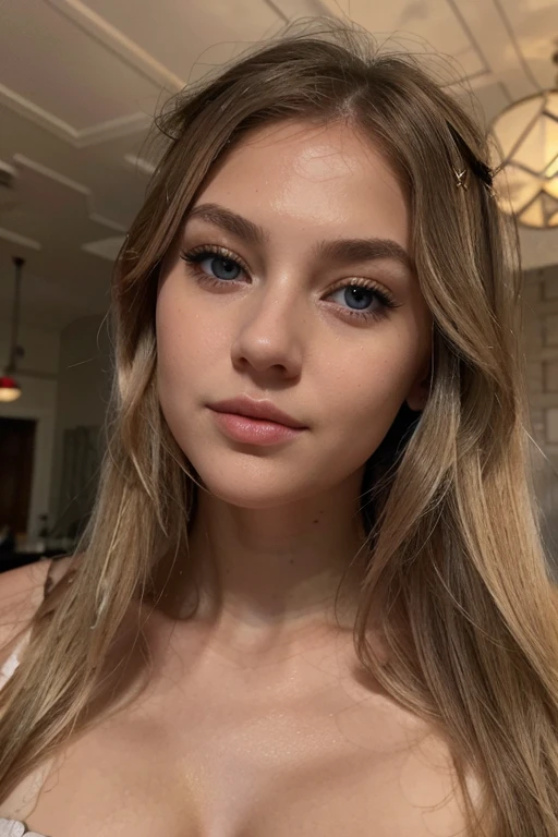 Une fille blonde russe elle a les yeux clairs a visage ovale avec des pommettes hautes et une peau claire. Her straight, slightly wavy blonde hair, long and thick. Ses yeux bleus, gray with long, dark eyelashes. Elle a des sourcils bien dessinés, a straight and slightly upturned nose, and full, defined lips. Elle est dans un restaurant oriental la nuit