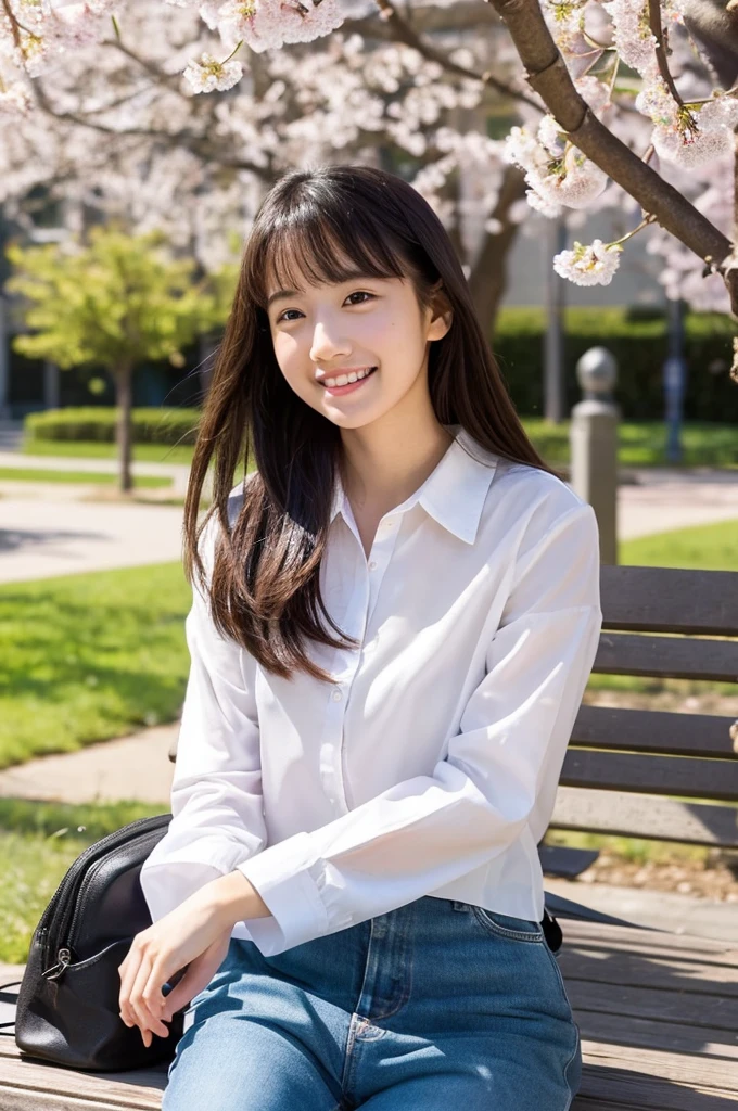 masutepiece, Best Quality, Illustration, Ultra-detailed, finely detail, hight resolution, 8K Wallpaper, Perfect dynamic composition, Beautiful detailed eyes, Natural Lip,a beauty girl、In the bright and refreshing spring sunshine、Imagine a female college student walking around campus.。.。、She is wearing jeans and a white lace blouse. one shirt button is missing and there is a mole near chest and I can see it.。。the hair flutters with the wind、People around you smile々He is depicted having a conversation with.。The cherry blossoms on campus are in full bloom、Green tree on background々々々There is a bench where students can gather...。She is carrying a colorful backpack.、he has a notebook and a pencil in his hands.。Her figure is、Expressing the image of a typical female college student enjoying learning and free time.、
