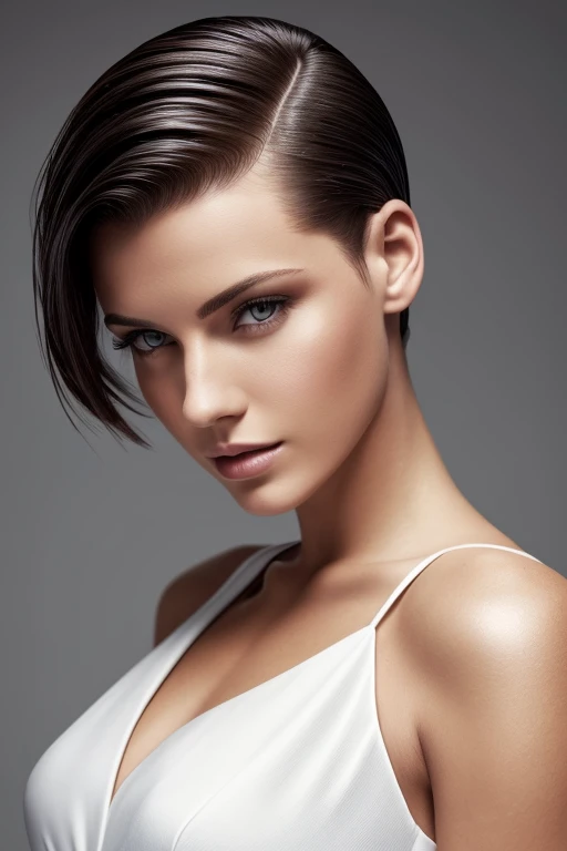 Gorgeous european woman with very short straight hair, short hair, wet hair, hair slicked back, combed straight back, slick hair, black streaked hair, nipple piercing, naval piercing, cleavage, solid dark grey background