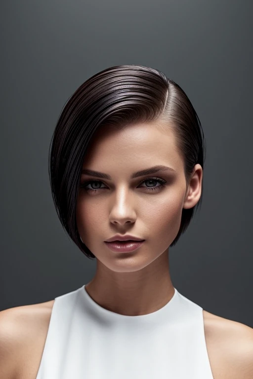 Gorgeous european woman with very short straight hair, short hair, wet hair, hair slicked back, combed straight back, slick hair, auburn hair, wearing a white dress, solid dark black background