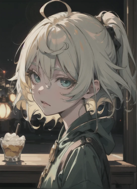 (best masterpiece quality), (best lighting), (best illustration), (pixv anime), best girl, detailed eyes, face, portrait format, intense green eyes, short white hair, backdrop of a bar at night negative_hand-neg