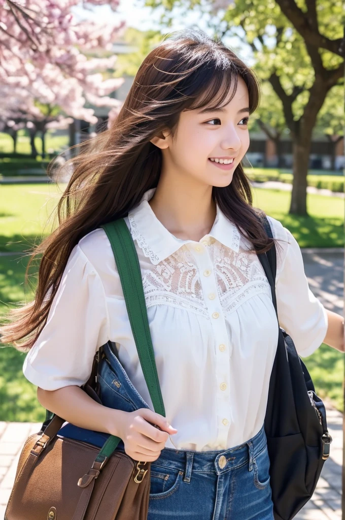 masutepiece, Best Quality, Illustration, Ultra-detailed, finely detail, hight resolution, 8K Wallpaper, Perfect dynamic composition, Beautiful detailed eyes, Natural Lip,a beauty girl、In the bright and refreshing spring sunshine、Imagine a female college student walking around campus.。.。.。She、She is wearing jeans and a white lace blouse.。the hair flutters with the wind、People around you smile々He is depicted having a conversation with.。The cherry blossoms on campus are in full bloom、Green tree on background々々々There is a bench where students can gather...。She is carrying a colorful backpack.、he has a notebook and a pencil in his hands.。Her figure is、Expressing the image of a typical female college student enjoying learning and free time., Wearing a thin white shirt with short sleeves、one shirt button is missing and there is a mole near chest and I can see it.。