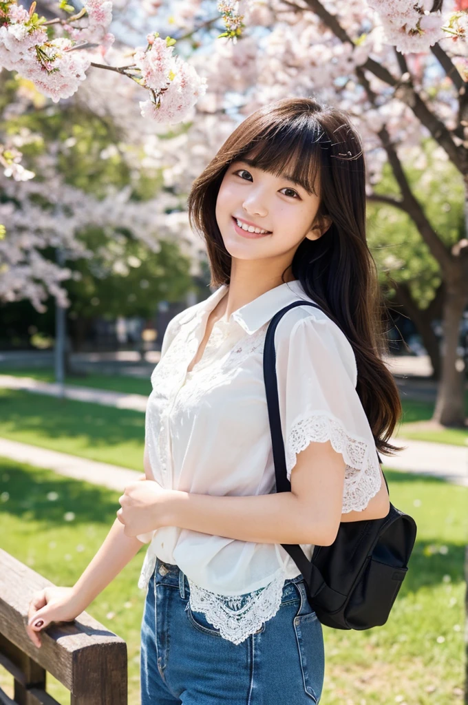 masutepiece, Best Quality, Illustration, Ultra-detailed, finely detail, hight resolution, 8K Wallpaper, Perfect dynamic composition, Beautiful detailed eyes, Natural Lip,a beauty girl、In the bright and refreshing spring sunshine、Imagine a female college student walking around campus.。.。.。She、She is wearing jeans and a white lace blouse.。the hair flutters with the wind、People around you smile々He is depicted having a conversation with.。The cherry blossoms on campus are in full bloom、Green tree on background々々々There is a bench where students can gather...。She is carrying a colorful backpack.、he has a notebook and a pencil in his hands.。Her figure is、Expressing the image of a typical female college student enjoying learning and free time., Wearing a thin white shirt with short sleeves、one shirt button is missing and there is a mole near chest and I can see it.。