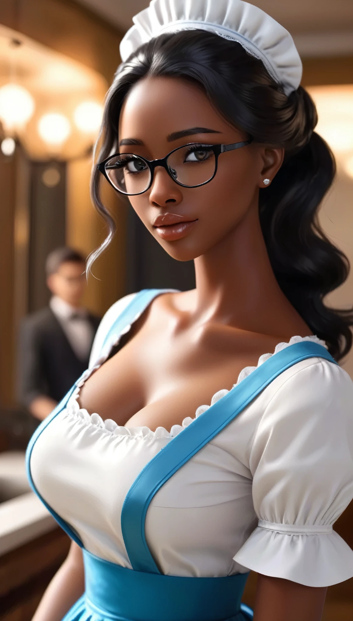 (masterpiece, best quality:1.2),wavy hair maid，Solitary,Wear glasses，Exquisite eyes,Delicate black hair，Charming eye shadow( Black person:1.2)( dark skin:1.2)，african man,( Smooth skin:1.2)( Wear a maid uniform:1.2)， Slender body proportions，Wet sexy plump lips，Long legs，Perfect fingers，High heel，( Back pose 1.2), (Rear view 1.2)