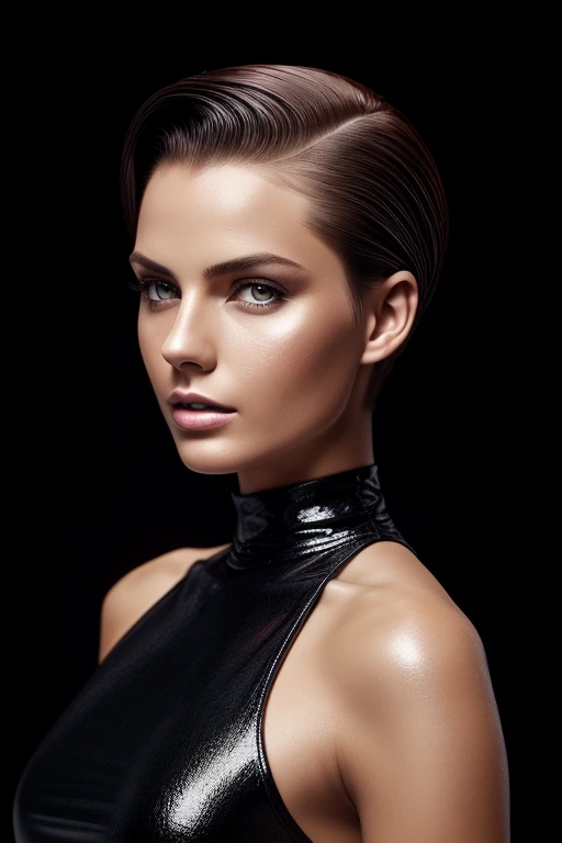 Gorgeous european woman with very short straight hair, short hair, wet hair, hair slicked back, combed straight back, slick hair, blonde gradient hair, wearing only body paint, cleavage, solid dark grey background