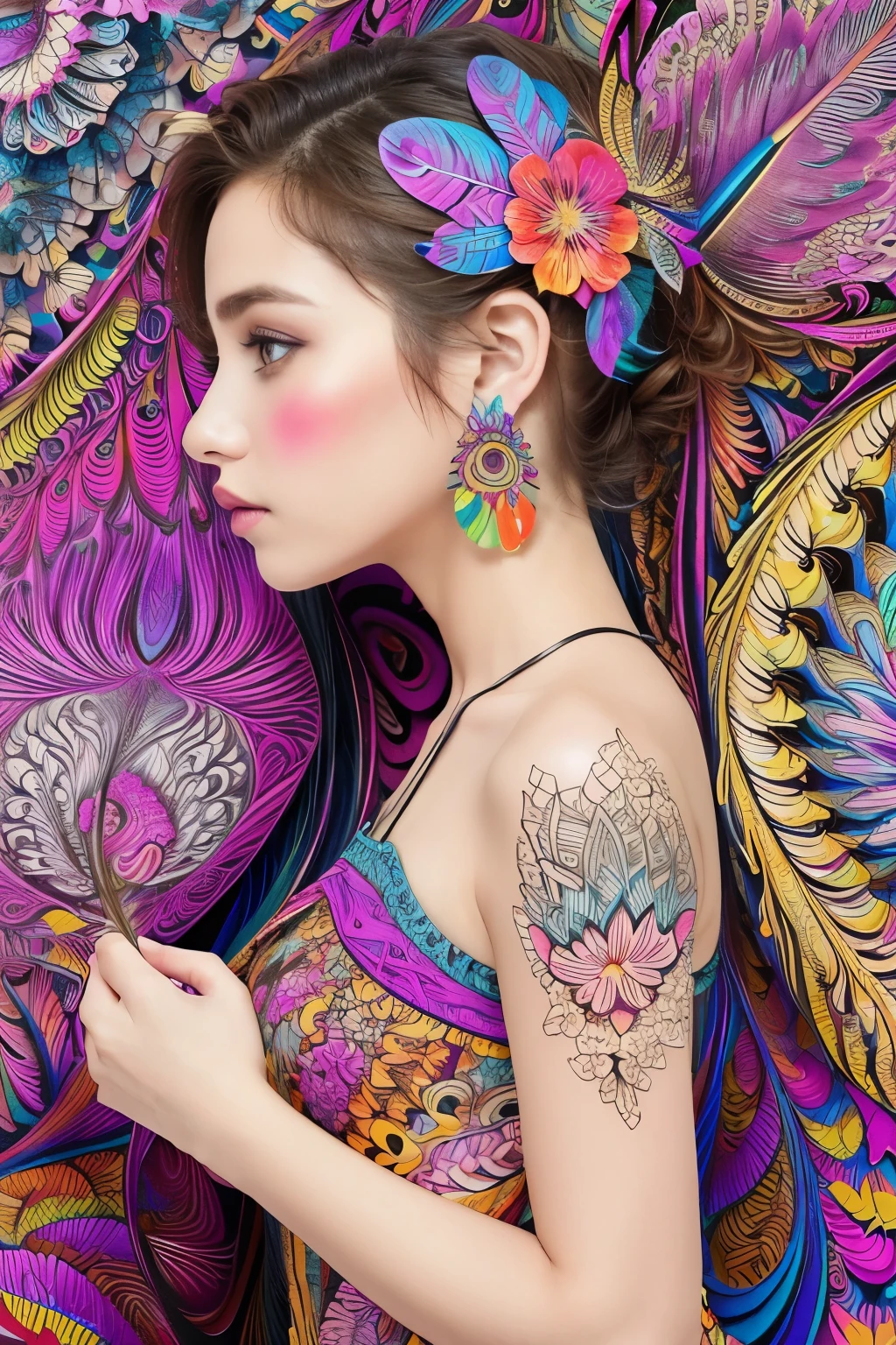 (One girl, alone, From the side), Very detailed, (Abstract background, Zentangle, Fractal Art:1.3), (Many colors, colorful:1.1), (feather, petal, Flowers:1.3), Dynamic pose, Earrings