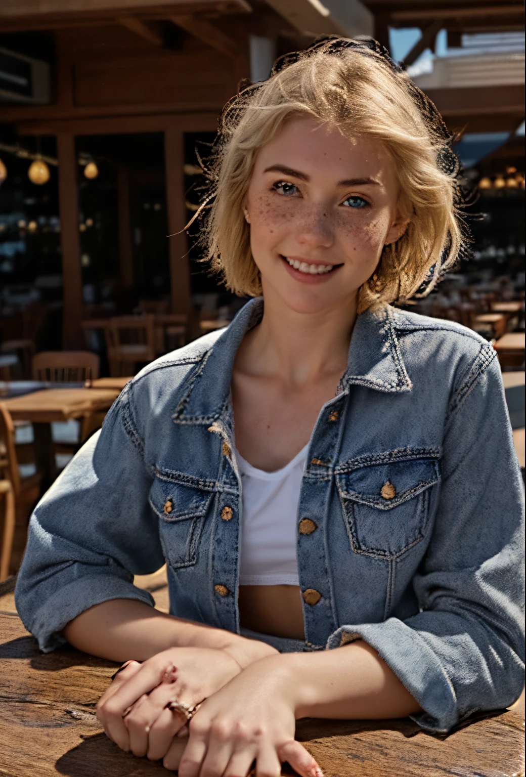 A 21 year old girl named Kate with short blonde hair, beautiful medium breasts, her height is 1.60, white British style, her eyes are light blue, Kate is beautiful, angelic face, has freckles in the nose area, Kate is wearing a light pair of jeans with a denim jacket and a white t-shirt also light in color, Kate wears an All Star sneaker. Kate is in a very beautiful and well-lit restaurant, on the table a strawberry milkshake, kate is happy to be at her favorite restaurant