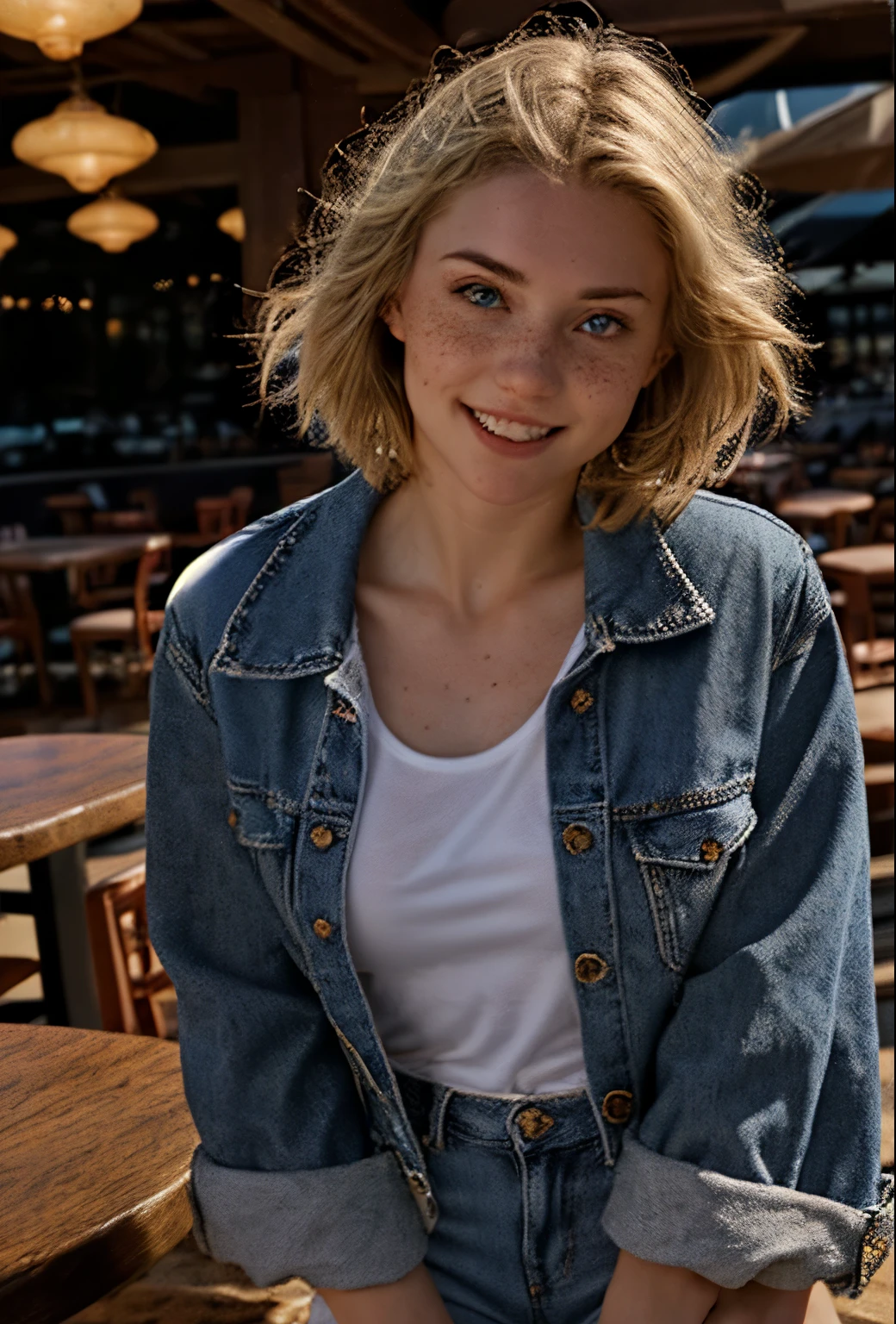 A 21 year old girl named Kate with short blonde hair, beautiful medium breasts, her height is 1.60, white British style, her eyes are light blue, Kate is beautiful, angelic face, has freckles in the nose area, Kate is wearing a light pair of jeans with a denim jacket and a white t-shirt also light in color, Kate wears an All Star sneaker. Kate is in a very beautiful and well-lit restaurant, on the table a strawberry milkshake, kate is happy to be at her favorite restaurant