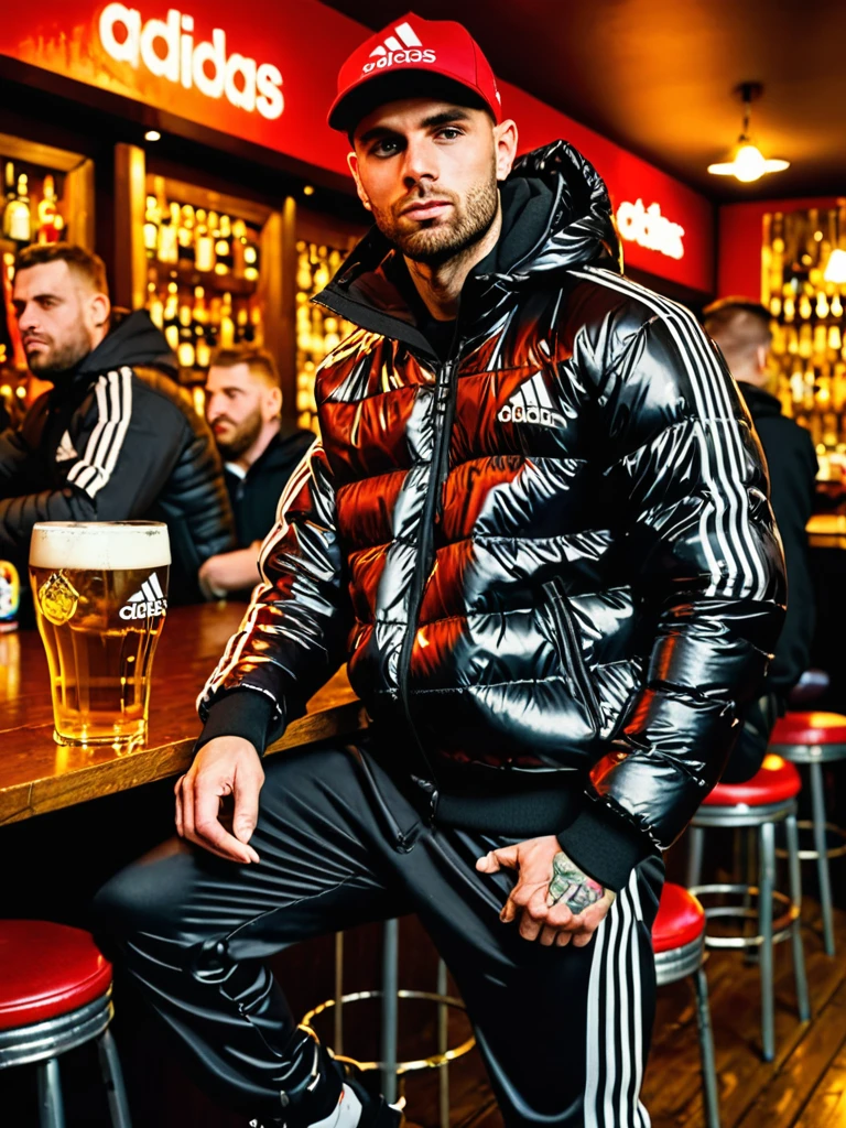 award winning photo of Graffiti urban style, portrait of medium body of a chav guy, handsome, 30 year old Chavs, muscular and athletic, having a beer inside a bar in London, more scally men in the background, full red leather cap "adidas" in black shiny latex tracksuit, legs apart, dynamic pose, wearing a super inflated huge shiny black puffer jacket "Adidas", bulge:1.4, adidas tracksuit, masterpiece face, masterpiece hands, ultra textured skin, ultra textured cloth+, super ultra textured materials, (pro color grading:0.6),