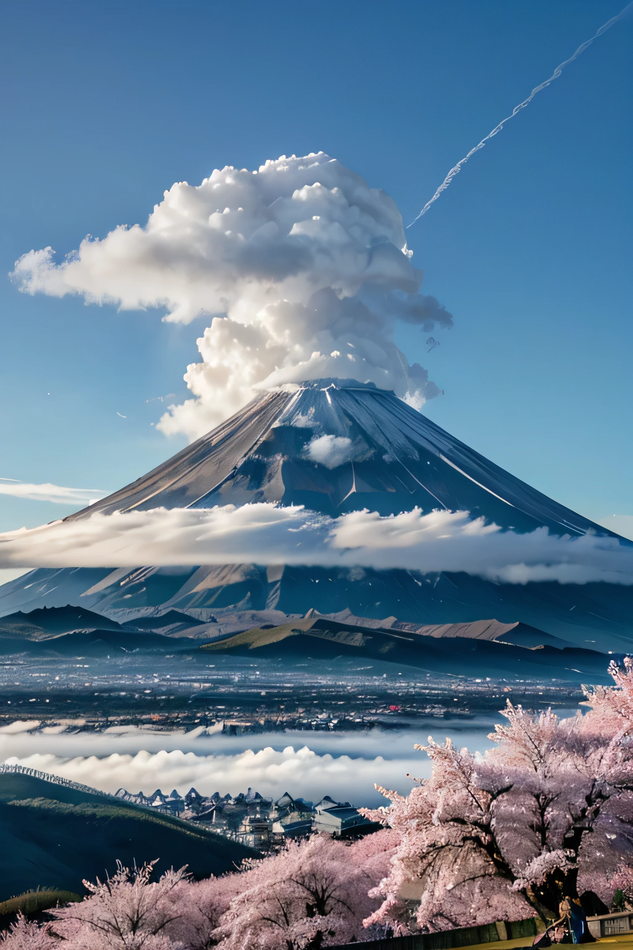 Mount Fuji, Diamond Fuji phenomenon, morning, beautiful clouds, little fog, sakura 