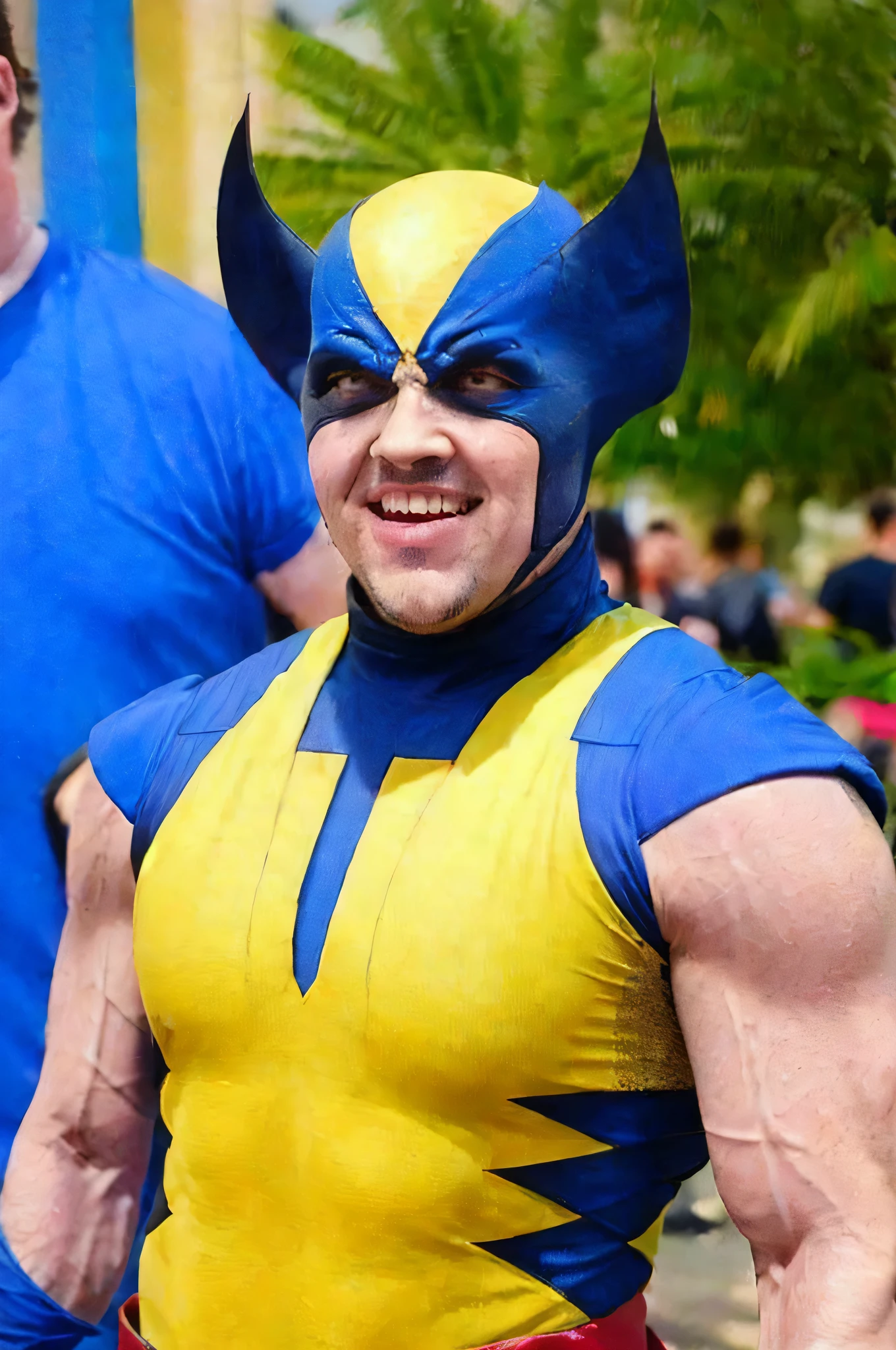 a muscular man wearing a highly detailed wolverine superhero costume, beautiful detailed eyes,,logan wolverine marvel long hair hairstyle. intricate costume details, high quality, photorealistic,realistic. 3 blade out from hand. mad face. angry, futuristic costume. sharp teeth. background in battleground. dirt on shirt