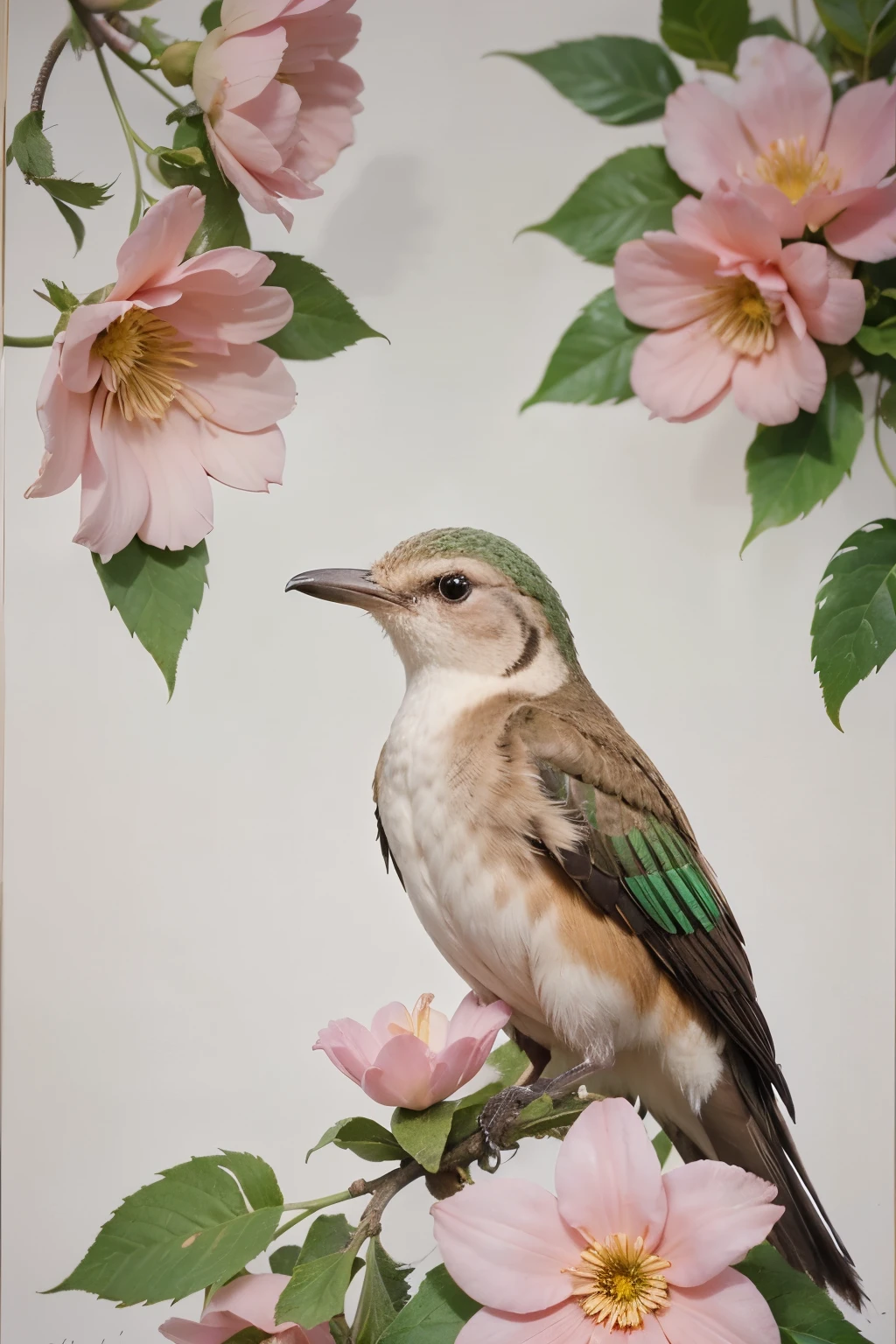 pintura em aquarela, birds, colibri e flores, Em aquarela, aquarela, 4k resolution, fundo branco, Pastel colors pink green lilac 
