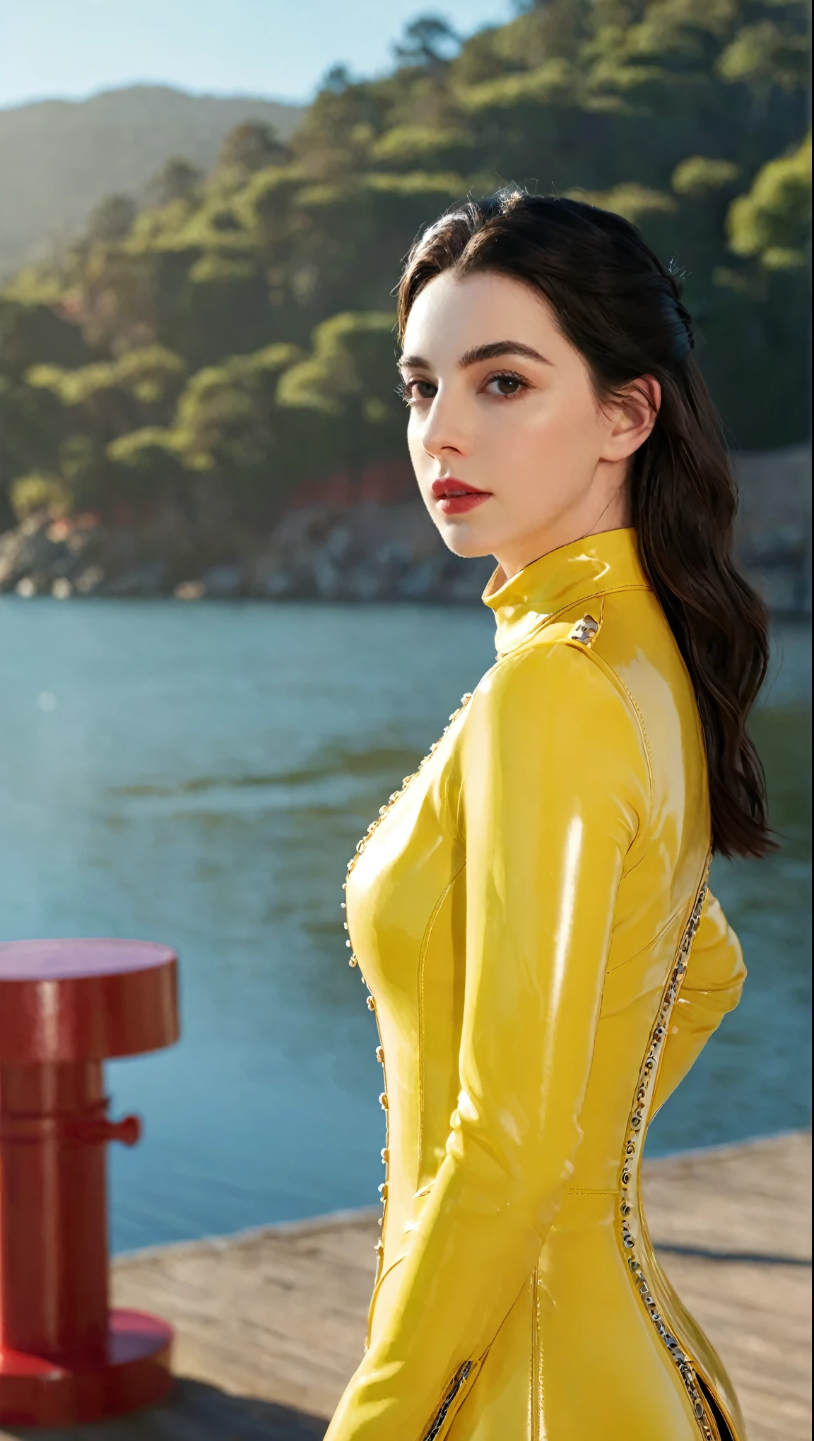 Adelaide Kane (Queen Mary Stuart, Domination Series), Wearing bright latex vede, Strong posture, looking at camera, Lakeside, detailed, daytime, Sunlight, ultra detailed photography, Warm lighting, Art Station, 4K, Clear focus, high resolution, masterpiece.