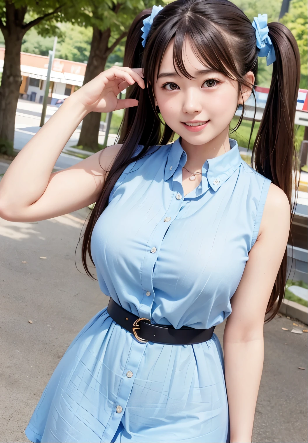 (highest quality,masterpiece:1.3,Ultra-high resolution),(Very detailed、Caustics) (Realistic:1.4, RAW shooting、)Ultra-Realistic Capture、Very detailed、Natural skin texture、masterpiece、(Japanese woman wearing a sleeveless light blue button-down shirt dress:1.3), Ring Belt、Adorable expression、Expressions of happiness、、Height: 160cm、Young Face、Amazingly cute、Twin tails、Straight hair、Scrunchie、Black Hair、light makeup、necklace、H cup big breasts、Shining thighs、Skin arm、Background in detail、smile、An inviting gaze、Anatomically correct、Cowboy Shot、Attention to detail、Photographed on the main street of a summer resort、Empty Hands、