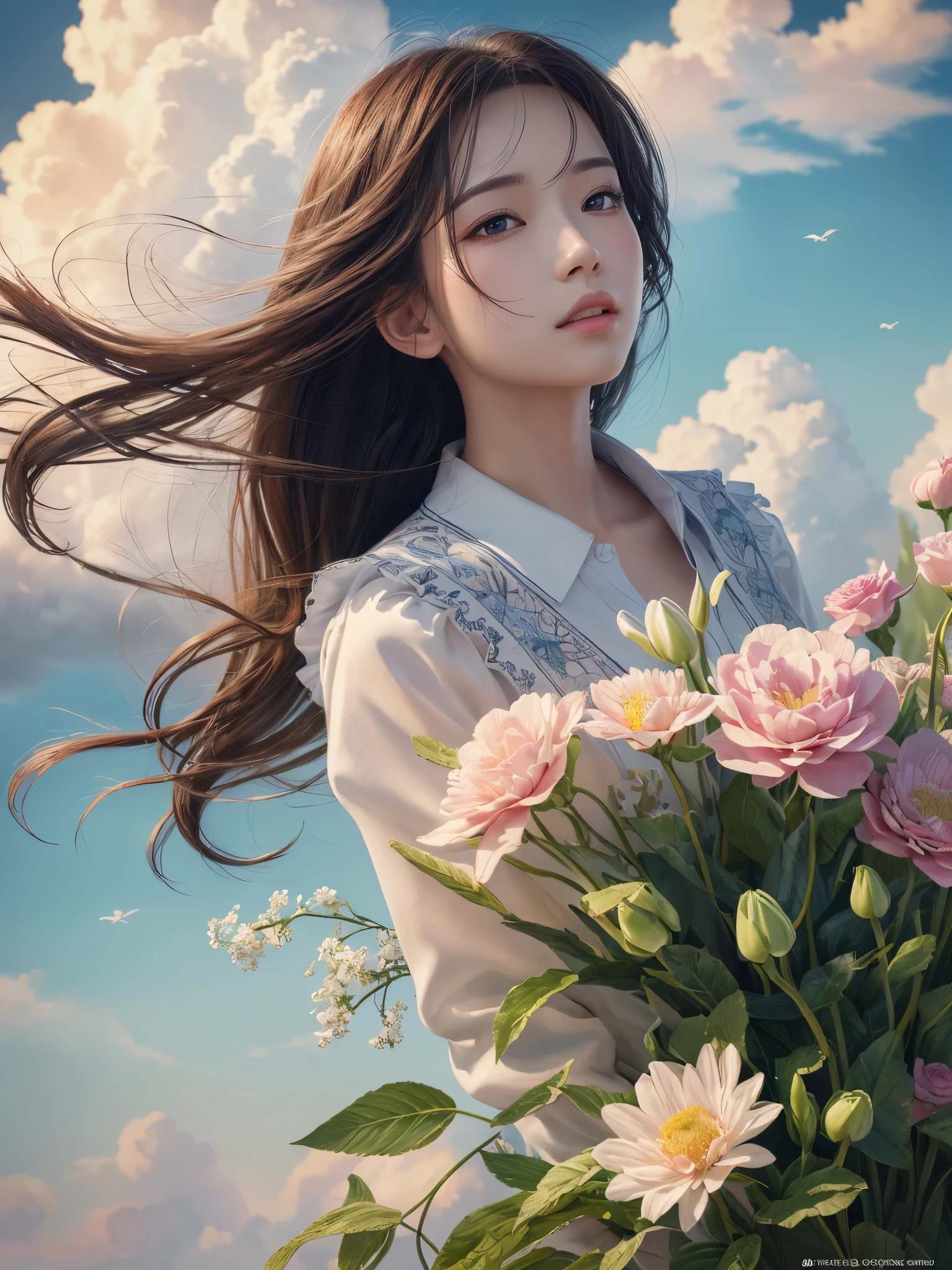 ((highest quality)),(Ultra-high resolution),(Very detailed),(Detailed Description),((The best CG)),(A masterpiece),Ultra-detailed art,Amazing drawing art,(Art with precise detail:1.5), flower, cloud, Wind,