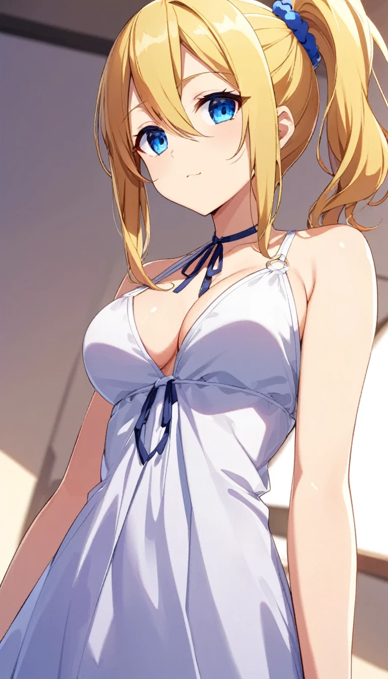 (((SFW))), (masterpiece:1.2, best Quality:1.1, 32K HDR, high resolution), (big breasts:1.1, cleavage:1.1, perfect slim body:1.2), (detailed face, detailed eyes, detailed skin texture), hayasaka ai, bangs, blue eyes, blonde hair, hair ornament, hair between eyes, sidelocks, side ponytail, scrunchie, hair scrunchie, blue scrunchie, solo, 1girl, indoors, virgin killer,